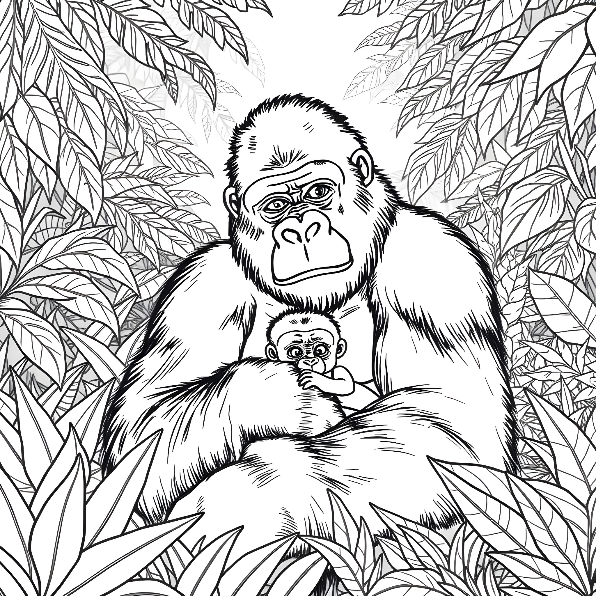 Gorilla sitting in the jungle with its baby Coloring Page (free black-and-white line drawing printable PDF for all, from beginners to advanced learners, including children, teens, adults, and seniors)