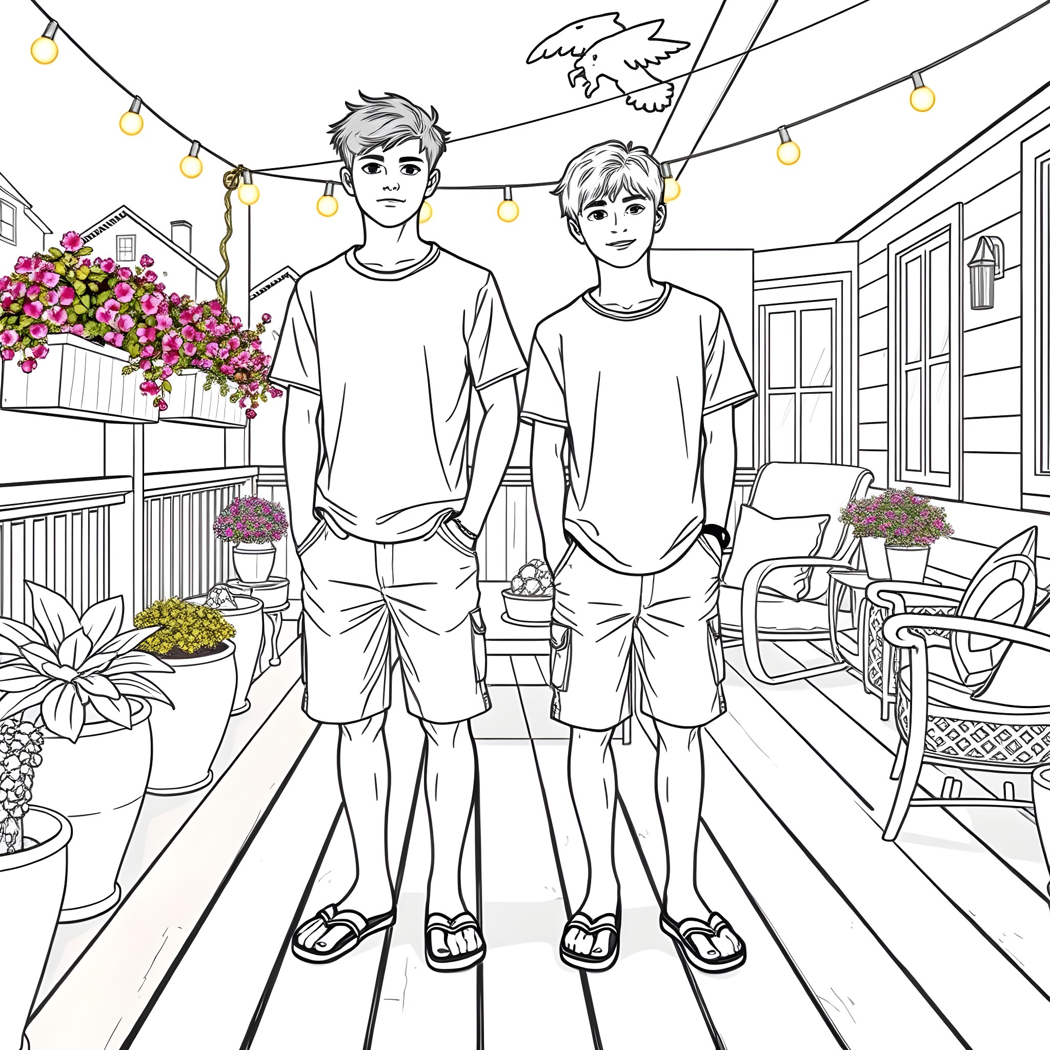 Teen Guys Enjoying an Outdoor Patio Scene Coloring Page (free black-and-white line drawing printable PDF for all, from beginners to advanced learners, including children, teens, adults, and seniors)