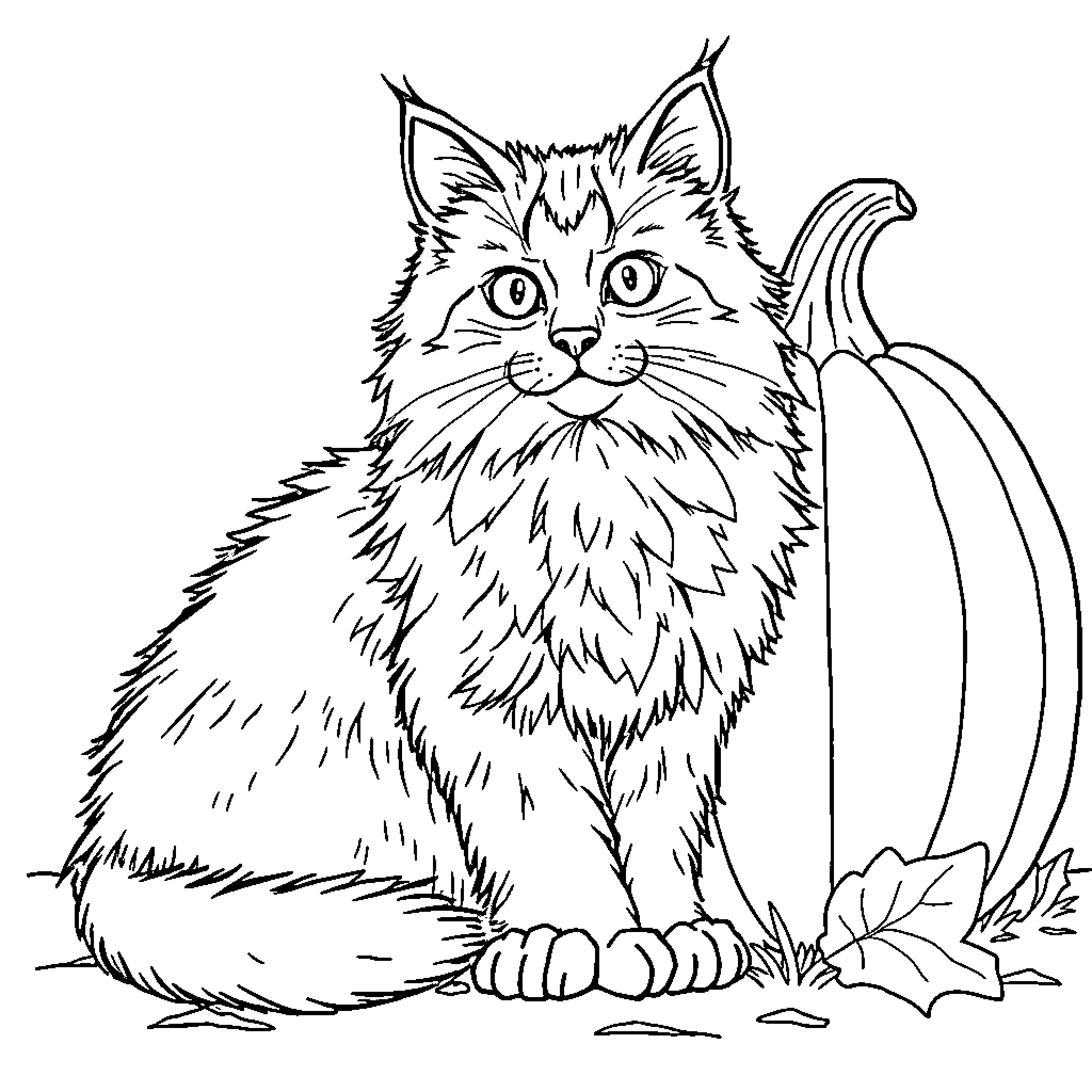 Cat posing with autumn leaves Coloring Page (free black-and-white line drawing printable PDF for all, from beginners to advanced learners, including children, teens, adults, and seniors)