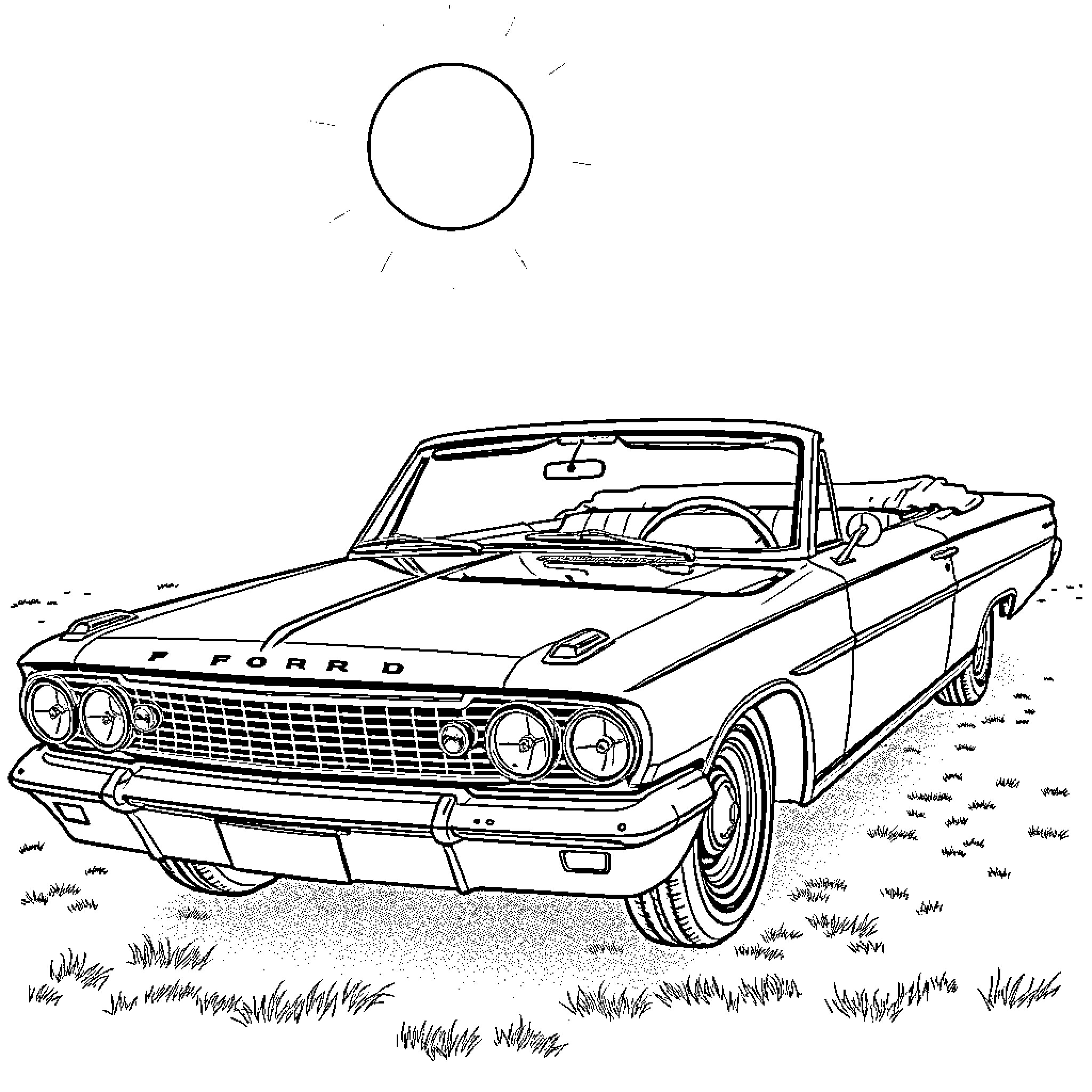 Ford Galaxie convertible in the sun Coloring Page (free black-and-white line drawing printable PDF for all, from beginners to advanced learners, including children, teens, adults, and seniors)