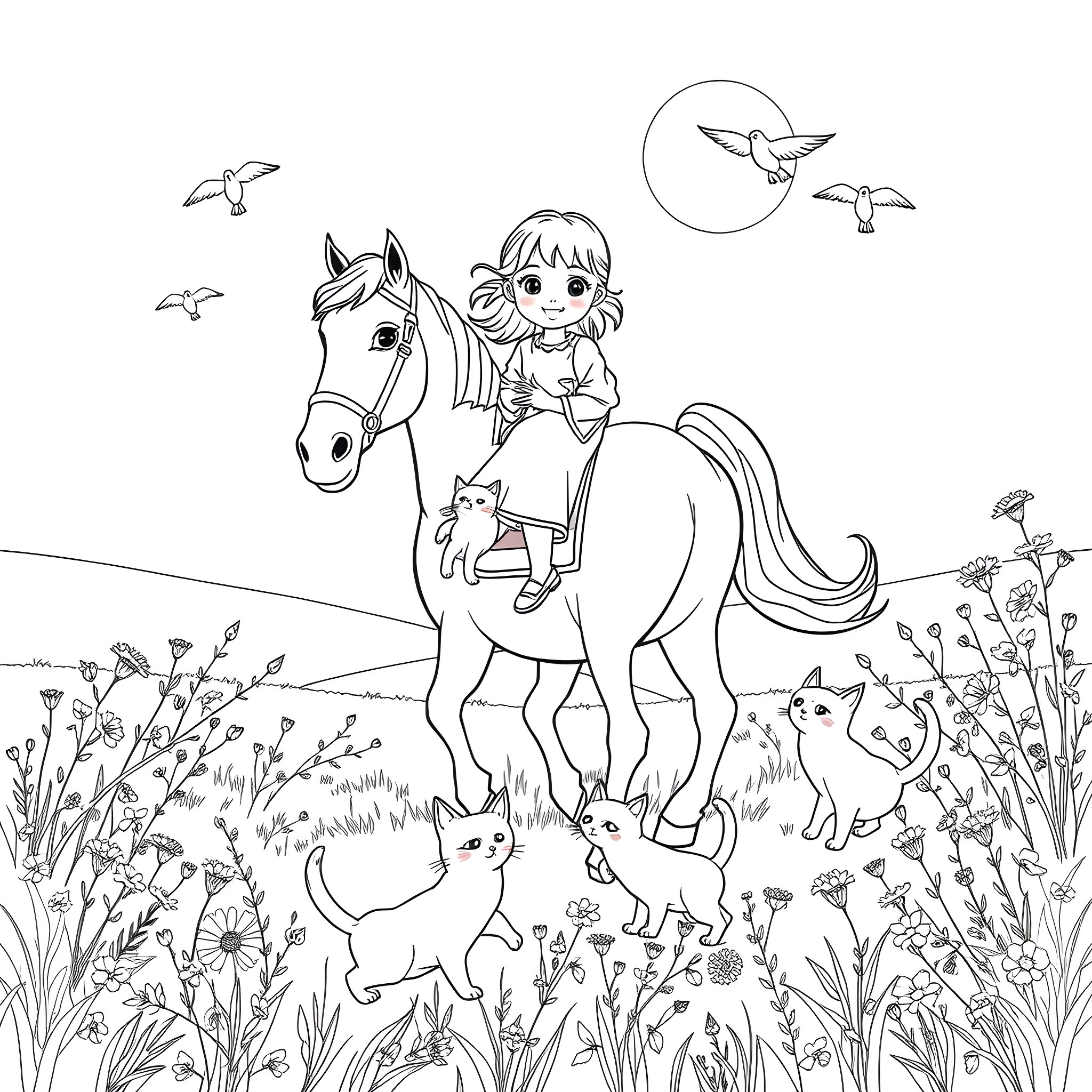 Cat riding horse with birds in the meadow Coloring Page (free black-and-white line drawing printable PDF for all, from beginners to advanced learners, including children, teens, adults, and seniors)