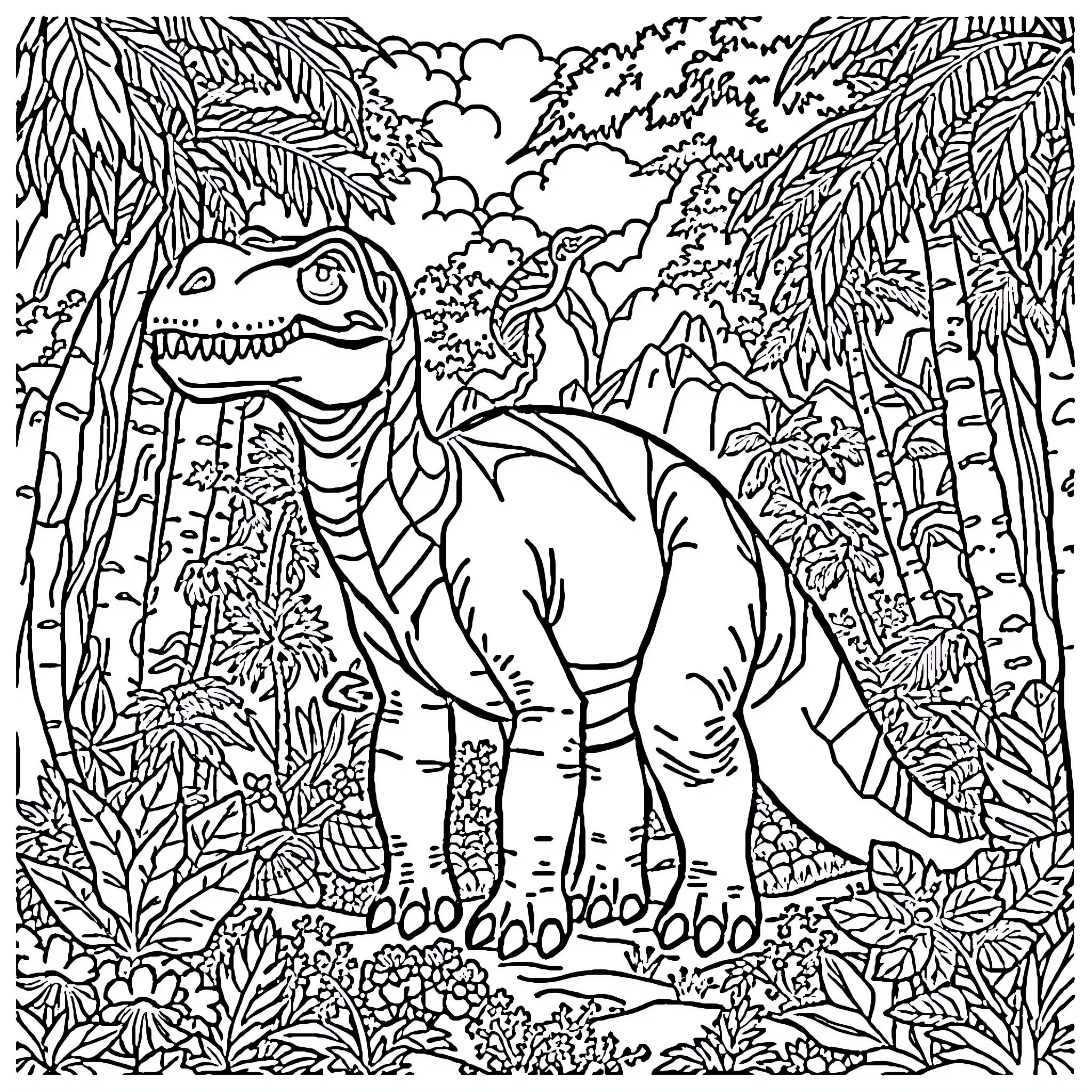 Dinosaur exploring dense jungle landscape Coloring Page (free black-and-white line drawing printable PDF for all, from beginners to advanced learners, including children, teens, adults, and seniors)