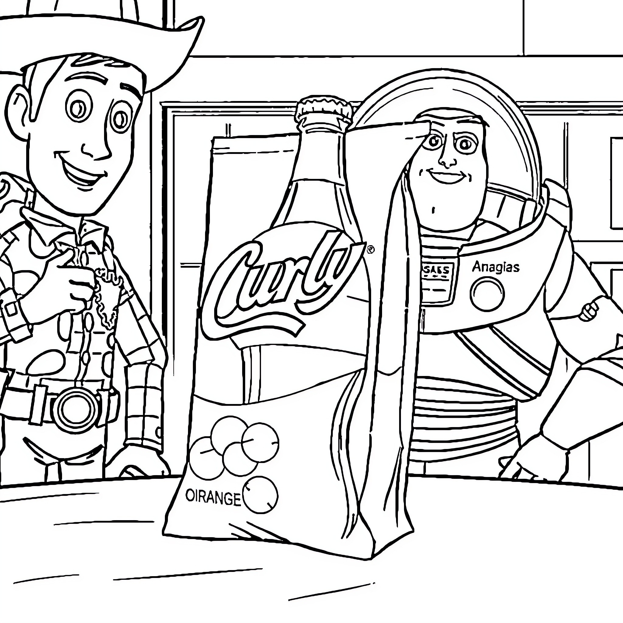 Chips and Toys in Cartoon World Coloring Page (free black-and-white line drawing printable PDF for all, from beginners to advanced learners, including children, teens, adults, and seniors)