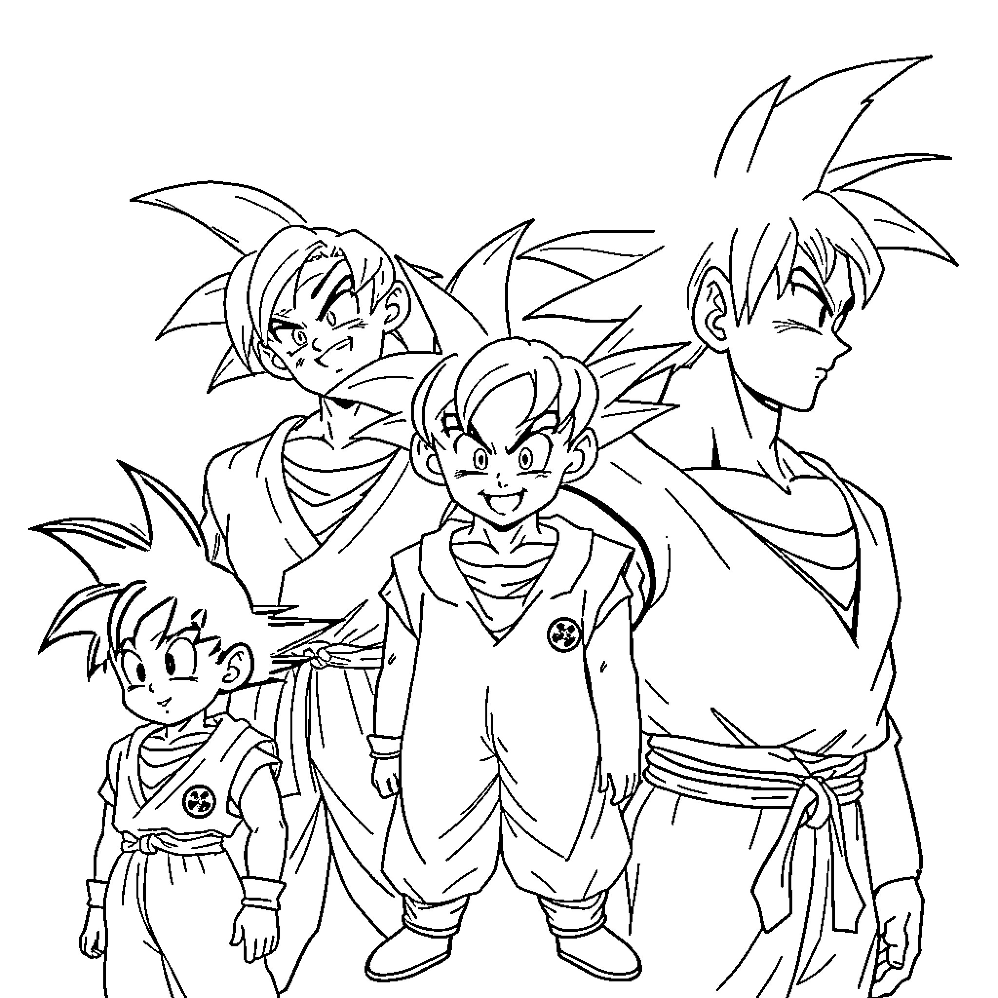 Goku and his family in action poses Coloring Page (free black-and-white line drawing printable PDF for all, from beginners to advanced learners, including children, teens, adults, and seniors)