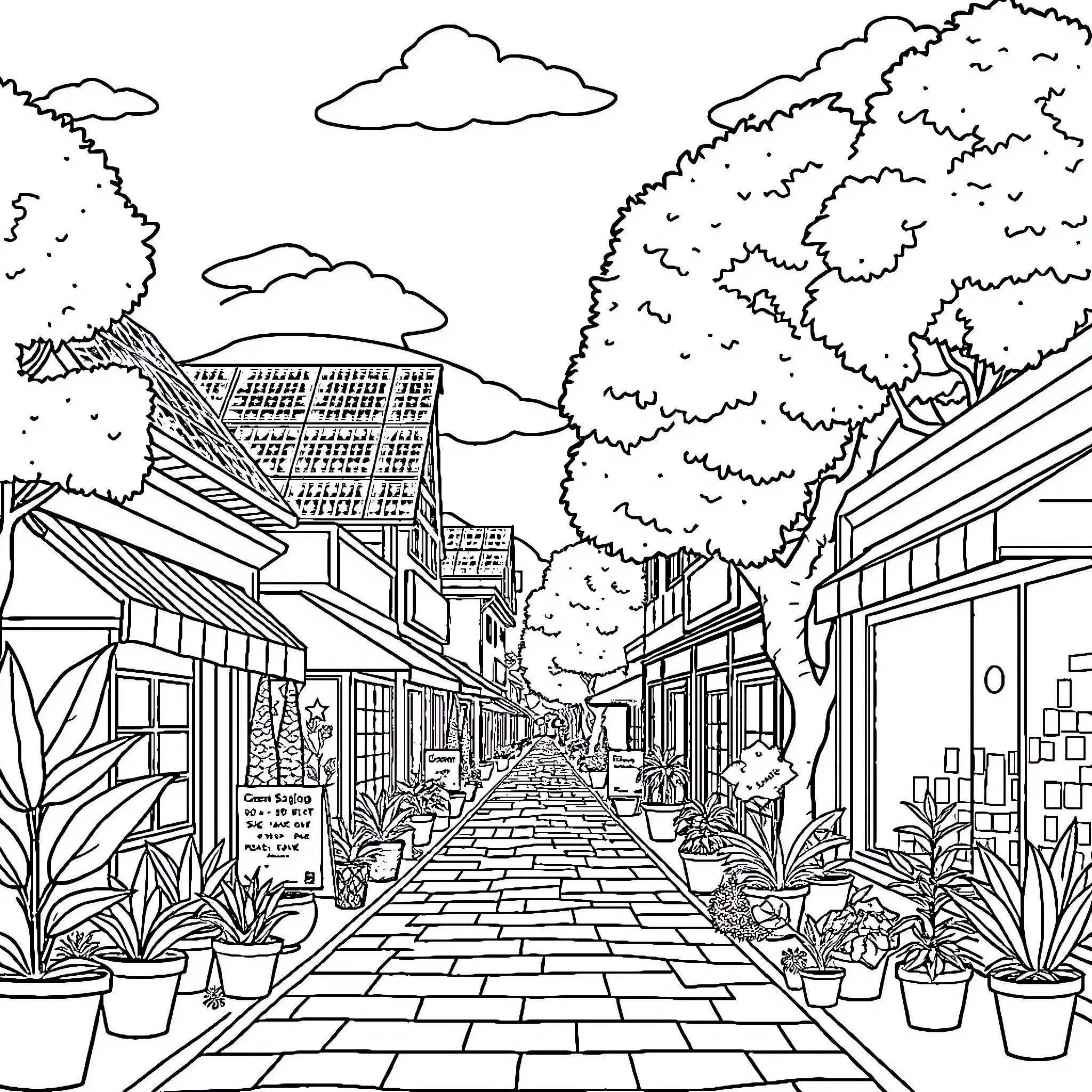 Town scene with shops, people, and nature Coloring Page (free black-and-white line drawing printable PDF for all, from beginners to advanced learners, including children, teens, adults, and seniors)