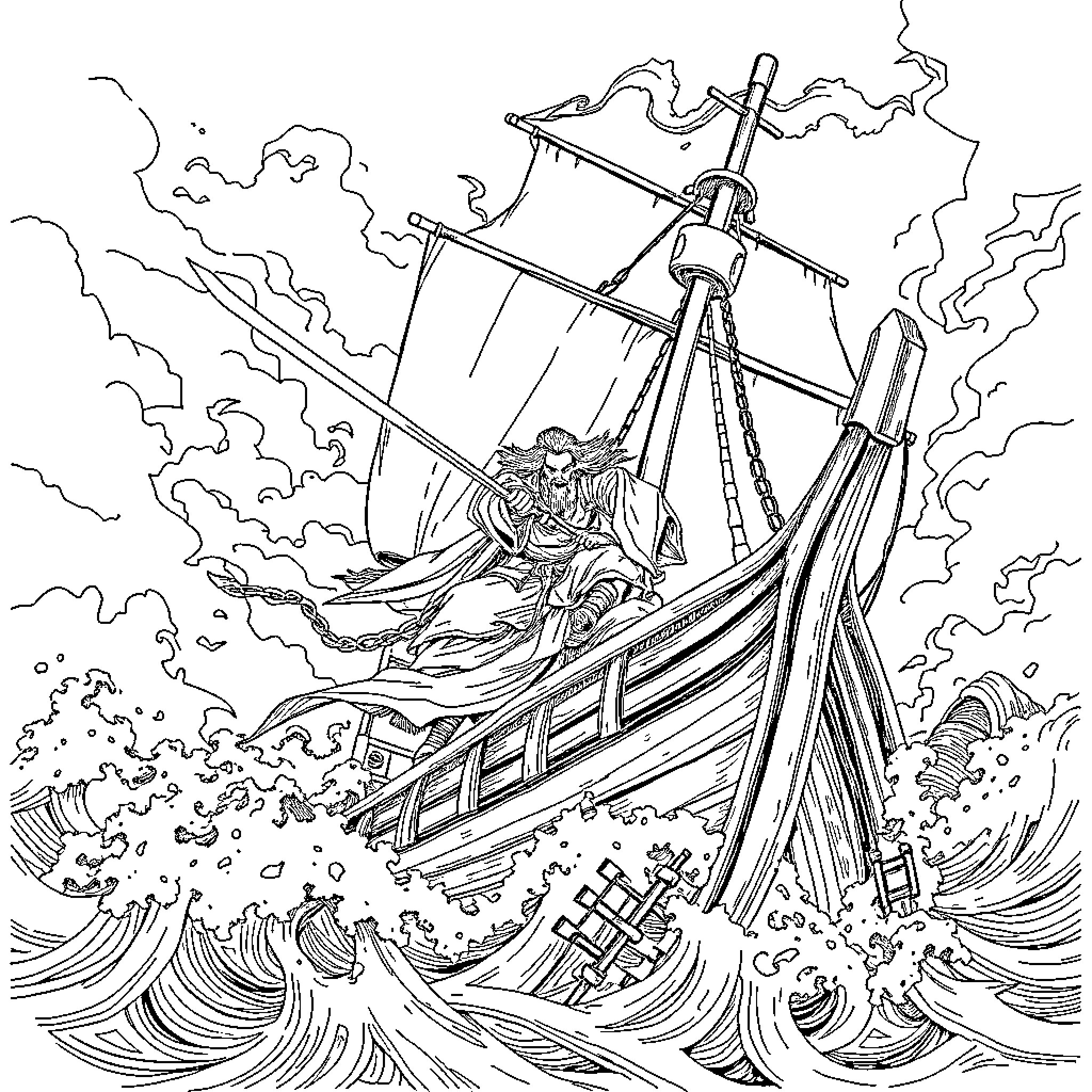 Ronin's Perilous Sea Voyage in Stormy Seas Coloring Page (free black-and-white line drawing printable PDF for all, from beginners to advanced learners, including children, teens, adults, and seniors)