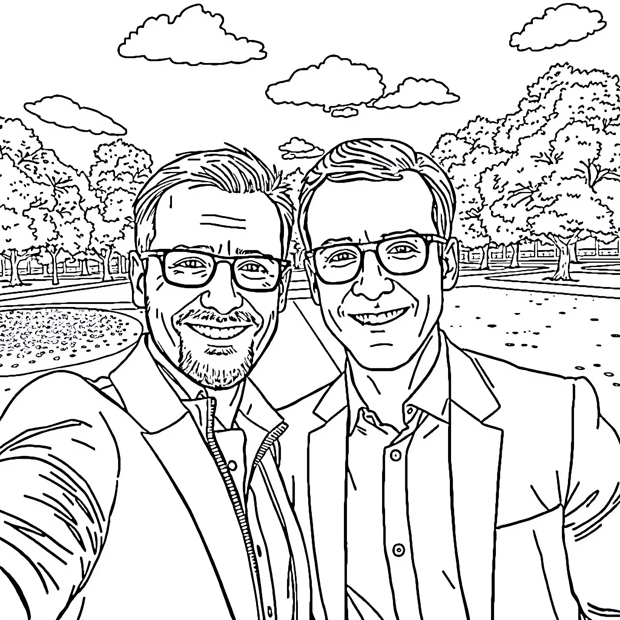 Michael Scofield taking a friendly selfie with a companion Coloring Page (free black-and-white line drawing printable PDF for all, from beginners to advanced learners, including children, teens, adults, and seniors)