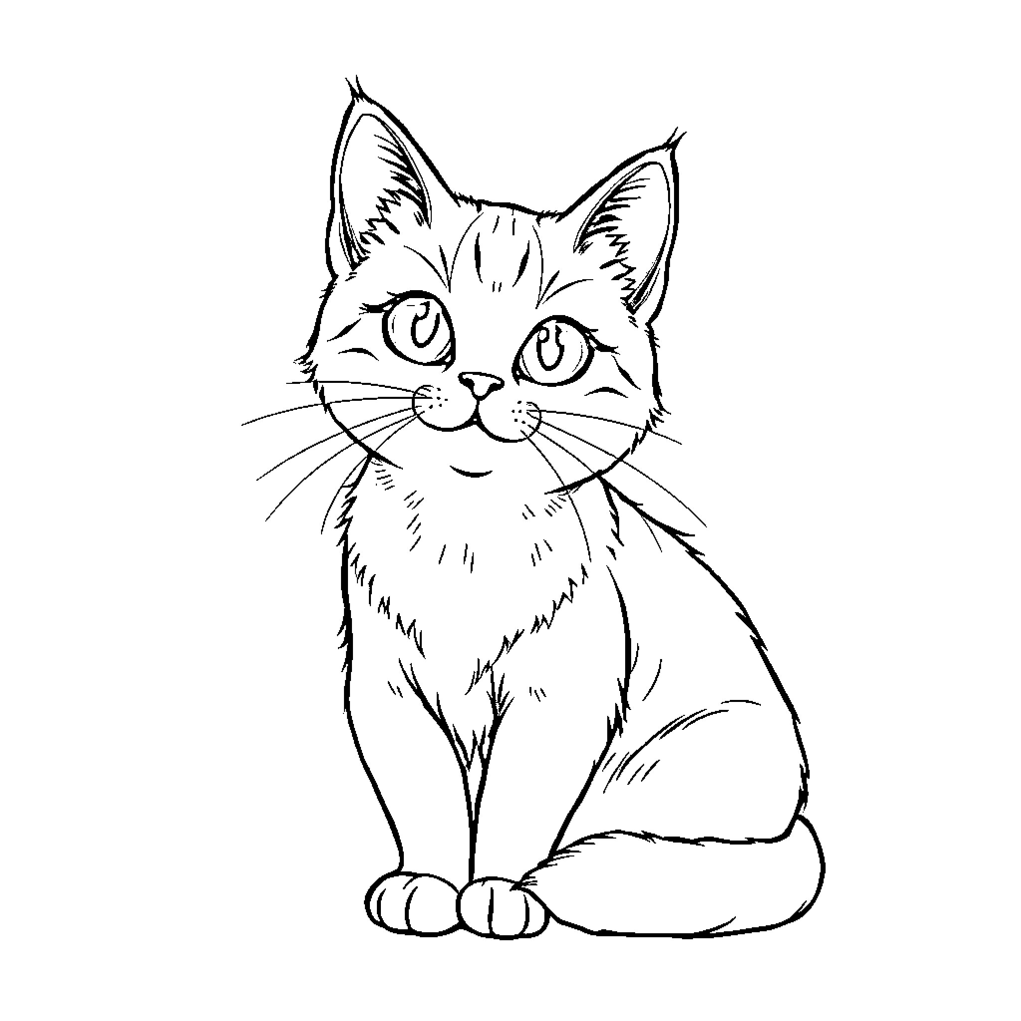 Cat sitting curiously in black and white Coloring Page (free black-and-white line drawing printable PDF for all, from beginners to advanced learners, including children, teens, adults, and seniors)
