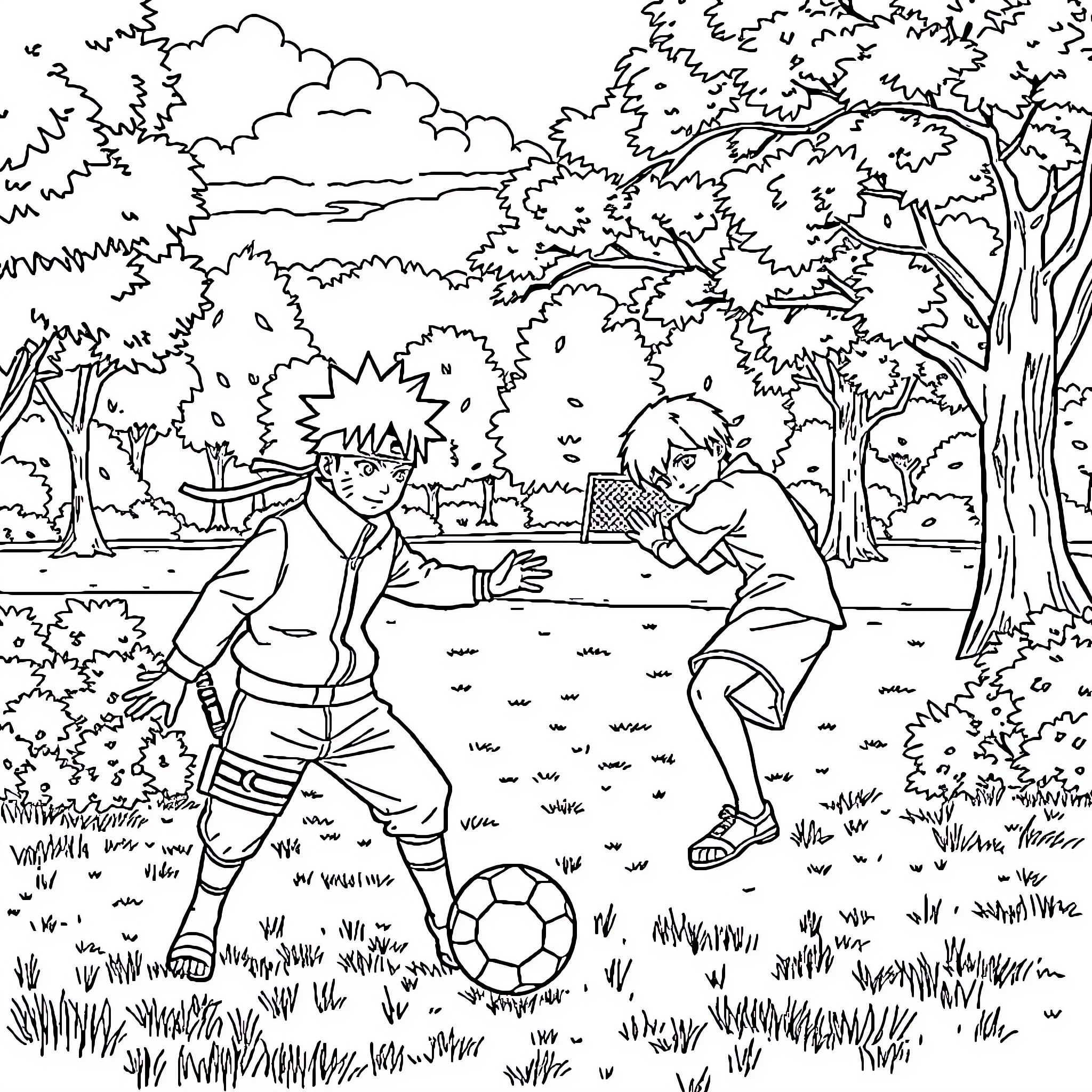 Naruto Characters Playing Soccer in Scenic Park Coloring Page (free black-and-white line drawing printable PDF for all, from beginners to advanced learners, including children, teens, adults, and seniors)