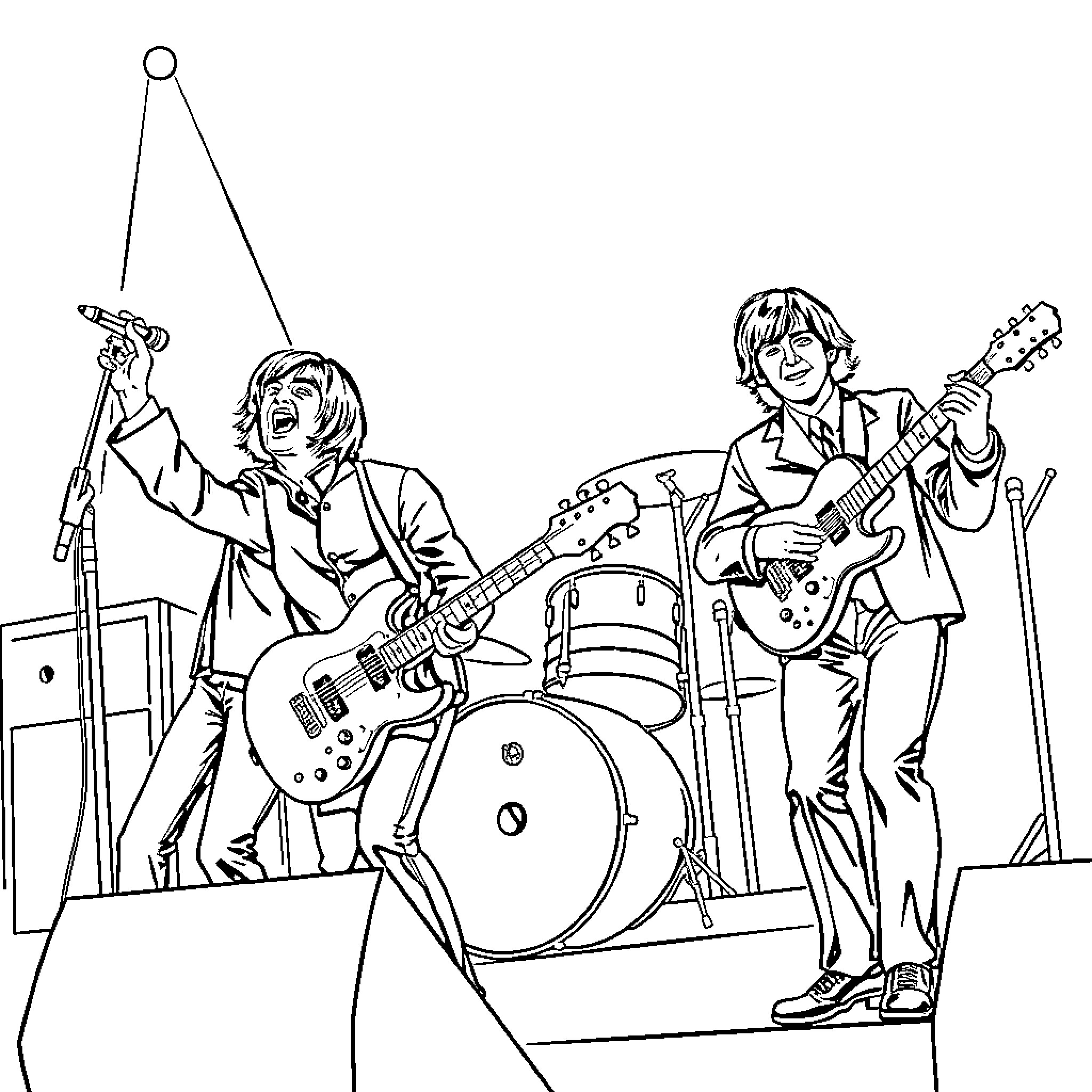 Beatles Performing on Stage with Musical Instruments Coloring Page (free black-and-white line drawing printable PDF for all, from beginners to advanced learners, including children, teens, adults, and seniors)