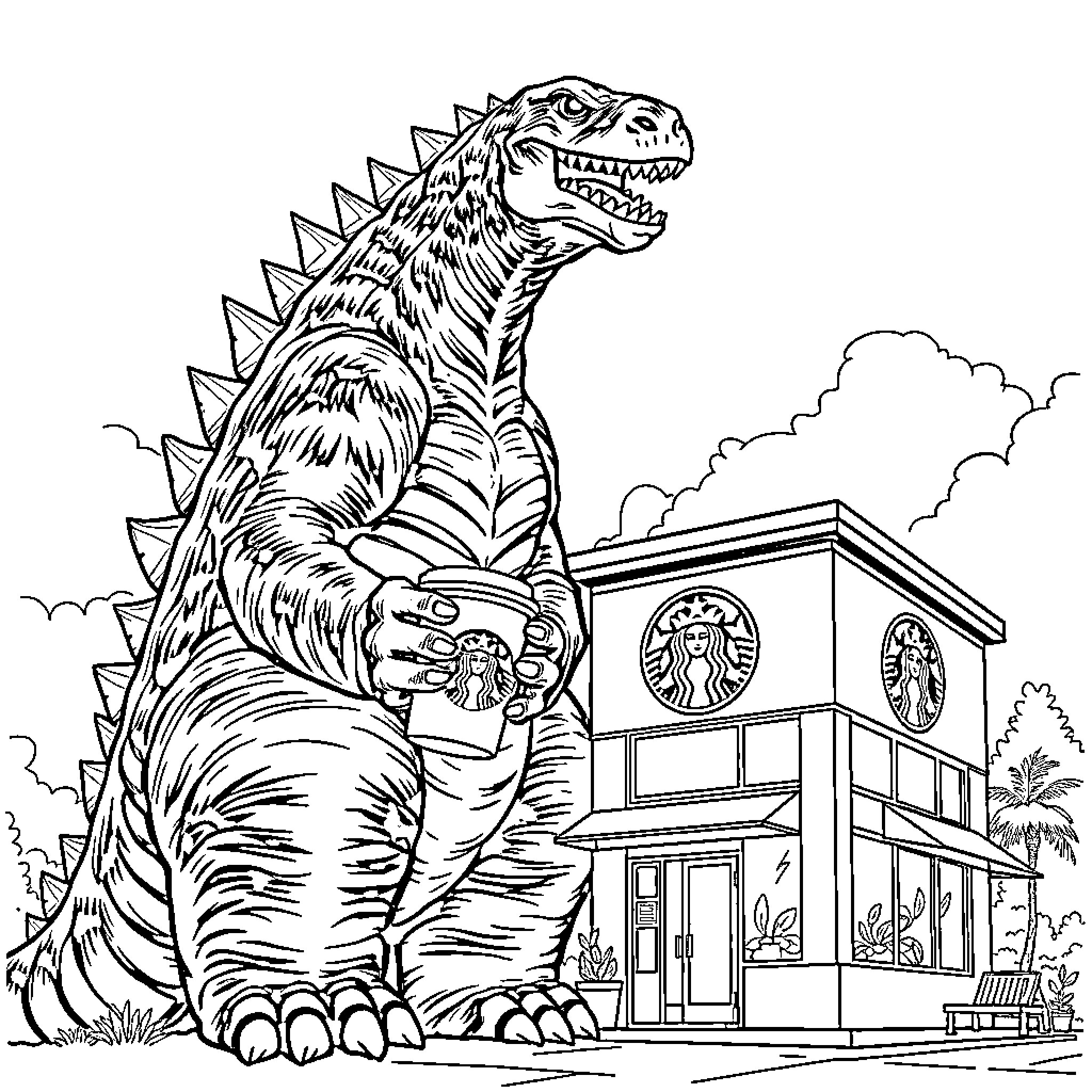 Godzilla destroying a Starbucks cafe Coloring Page (free black-and-white line drawing printable PDF for all, from beginners to advanced learners, including children, teens, adults, and seniors)