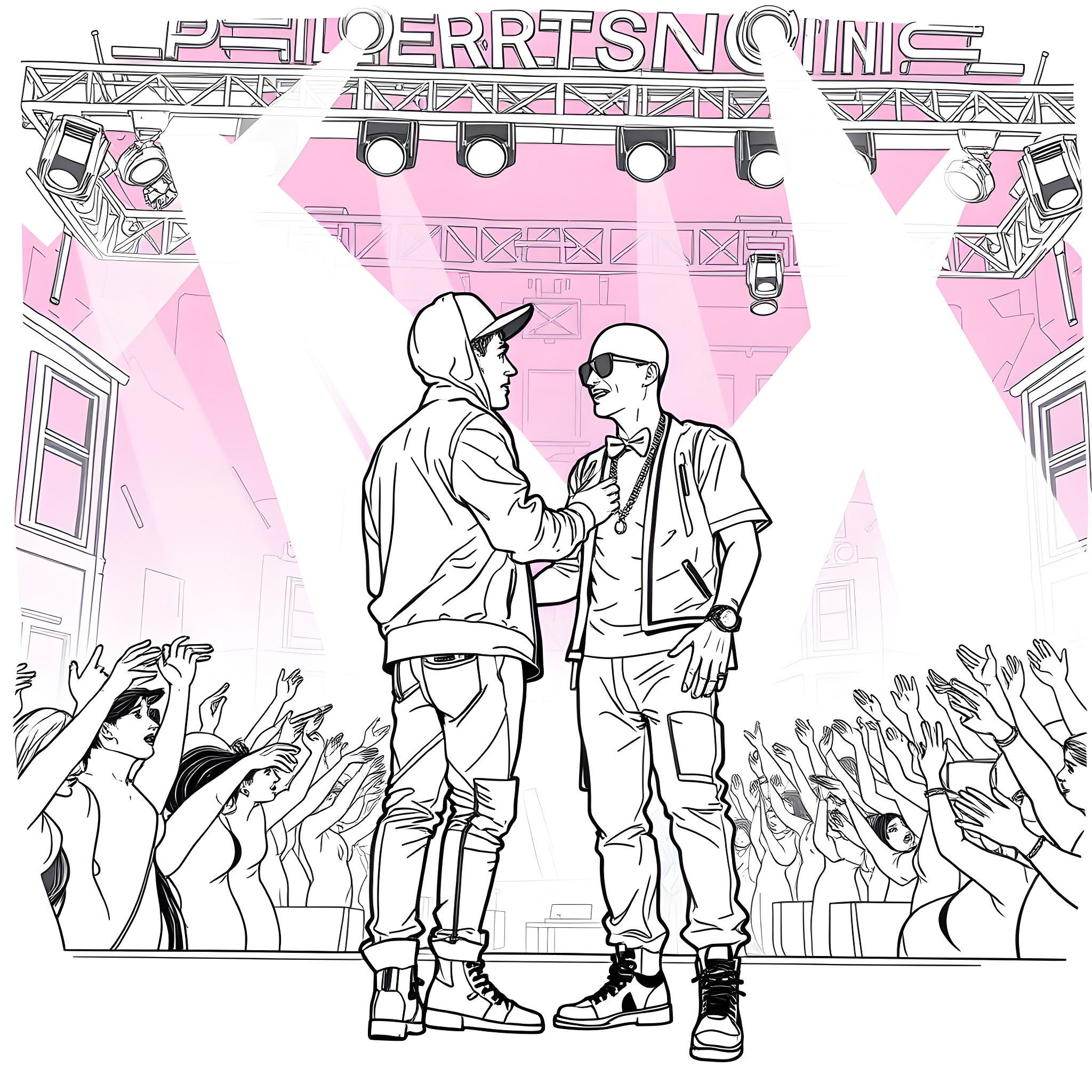 Justin Bieber performing on stage with band Coloring Page (free black-and-white line drawing printable PDF for all, from beginners to advanced learners, including children, teens, adults, and seniors)