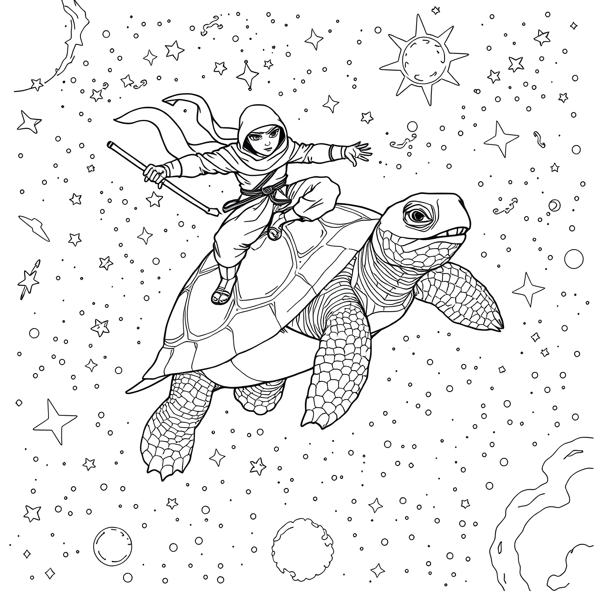 Ninja Warrior Riding a Cosmic Turtle through the Stars Coloring Page (free black-and-white line drawing printable PDF for all, from beginners to advanced learners, including children, teens, adults, and seniors)