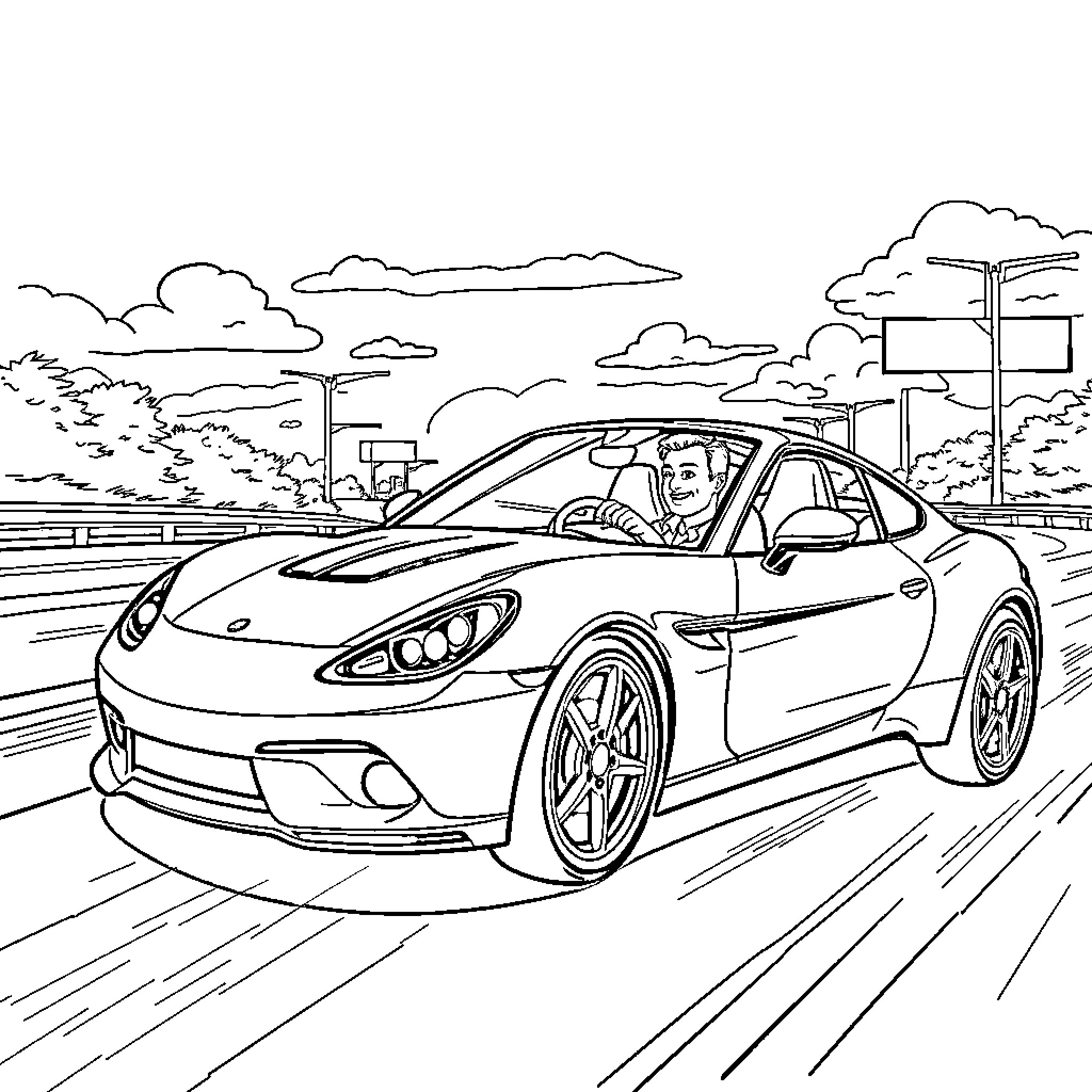 Car speeding down the highway with clouds Coloring Page (free black-and-white line drawing printable PDF for all, from beginners to advanced learners, including children, teens, adults, and seniors)