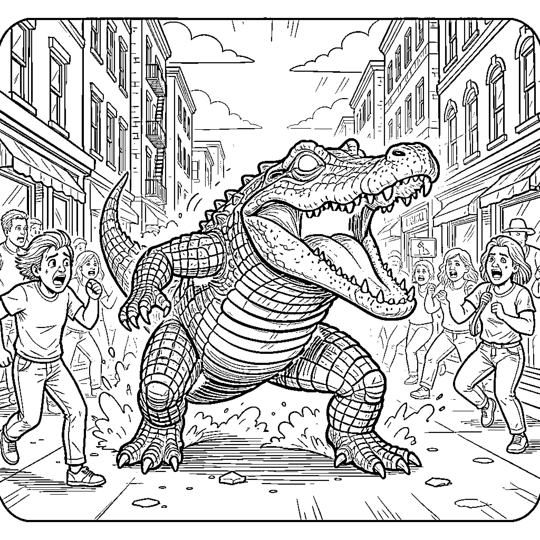Alligator rampaging through a busy city street Coloring Page (free black-and-white line drawing printable PDF for all, from beginners to advanced learners, including children, teens, adults, and seniors)