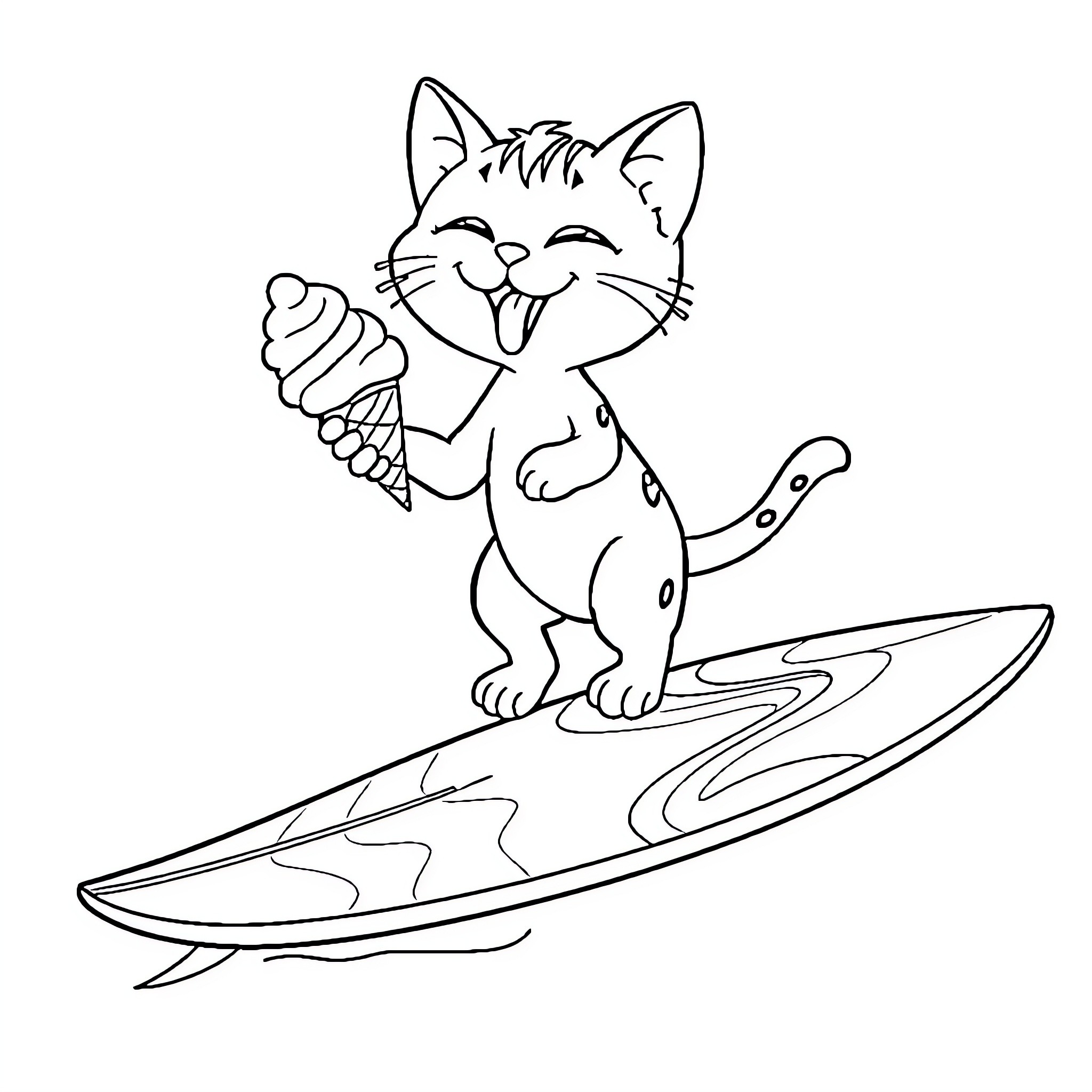 Cat surfing with ice cream cone Coloring Page (free black-and-white line drawing printable PDF for all, from beginners to advanced learners, including children, teens, adults, and seniors)
