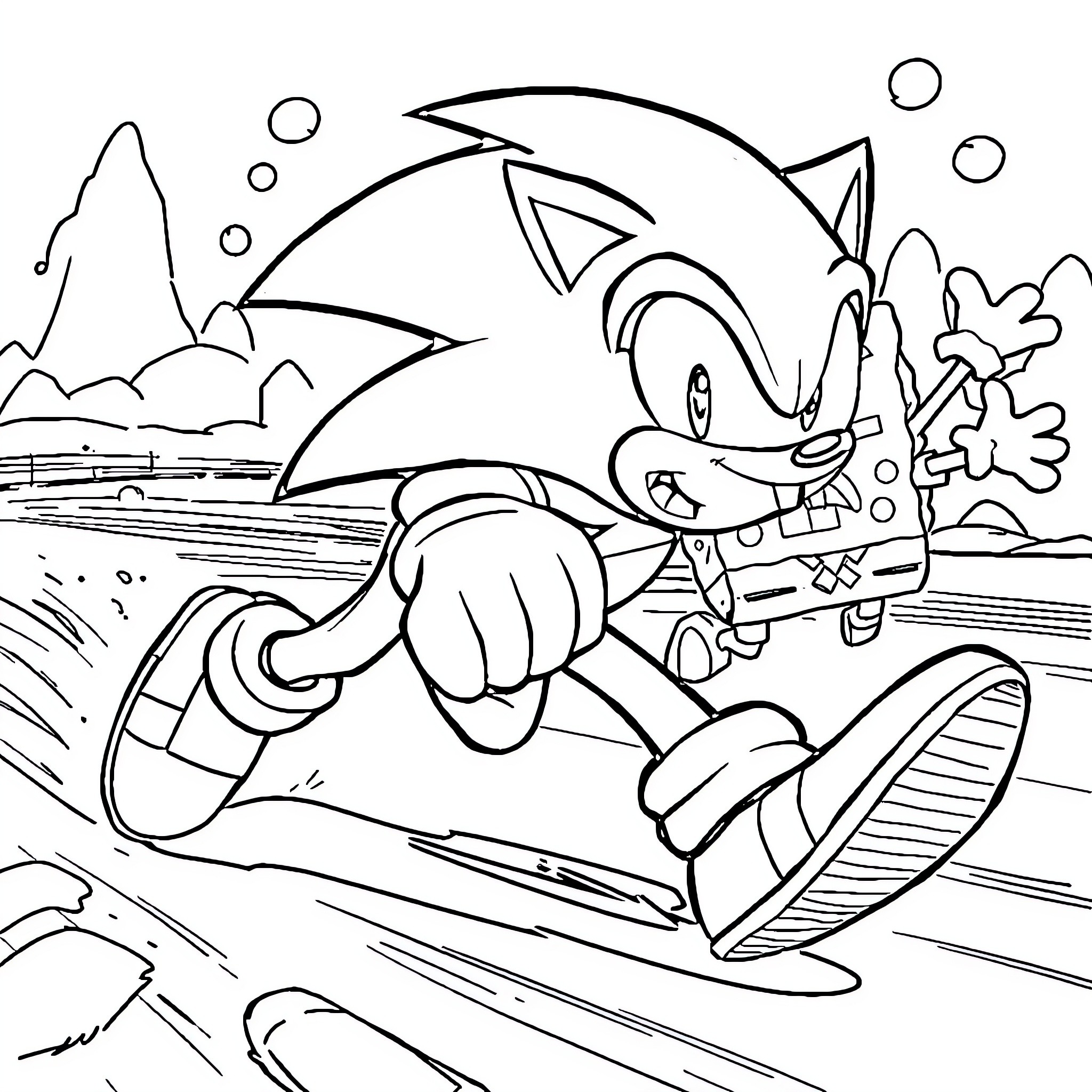 Sonic racing through a scenic landscape Coloring Page (free black-and-white line drawing printable PDF for all, from beginners to advanced learners, including children, teens, adults, and seniors)