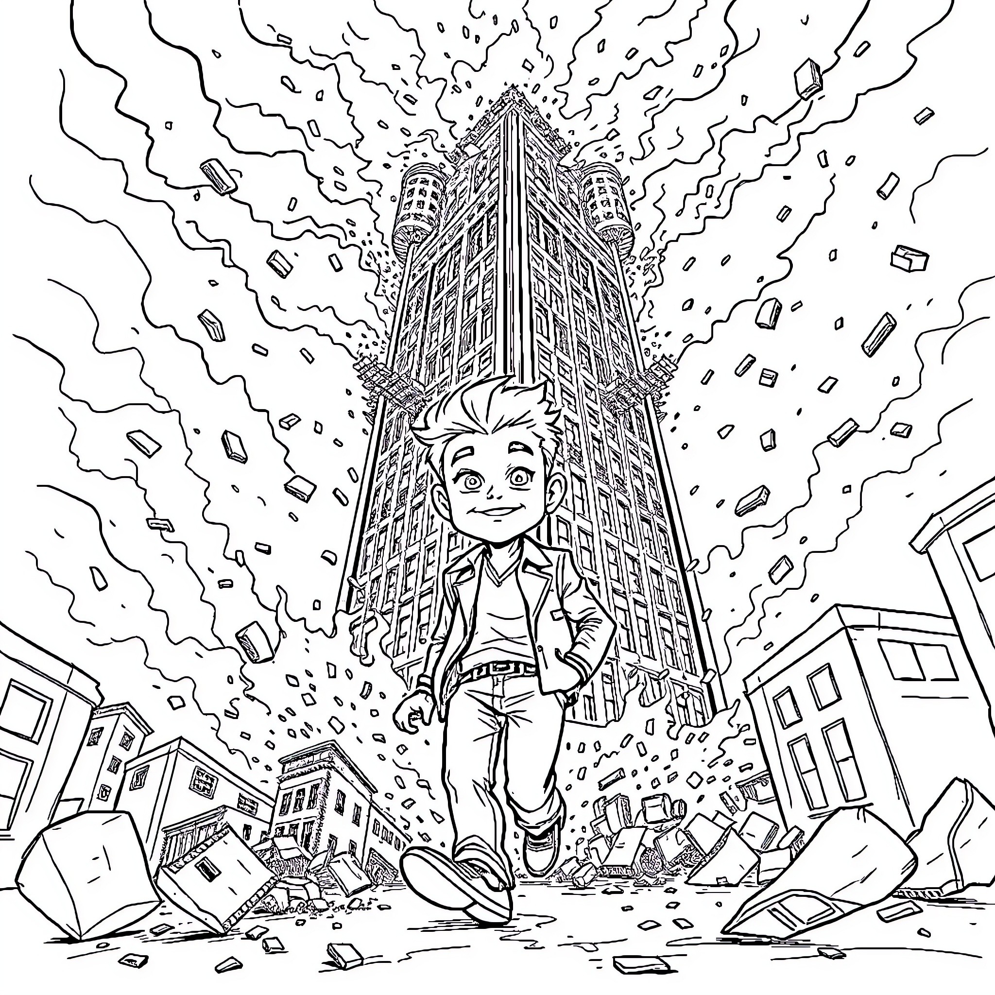 Midget Erupts from Skyscraper in Chaotic Cityscape Coloring Page (free black-and-white line drawing printable PDF for all, from beginners to advanced learners, including children, teens, adults, and seniors)