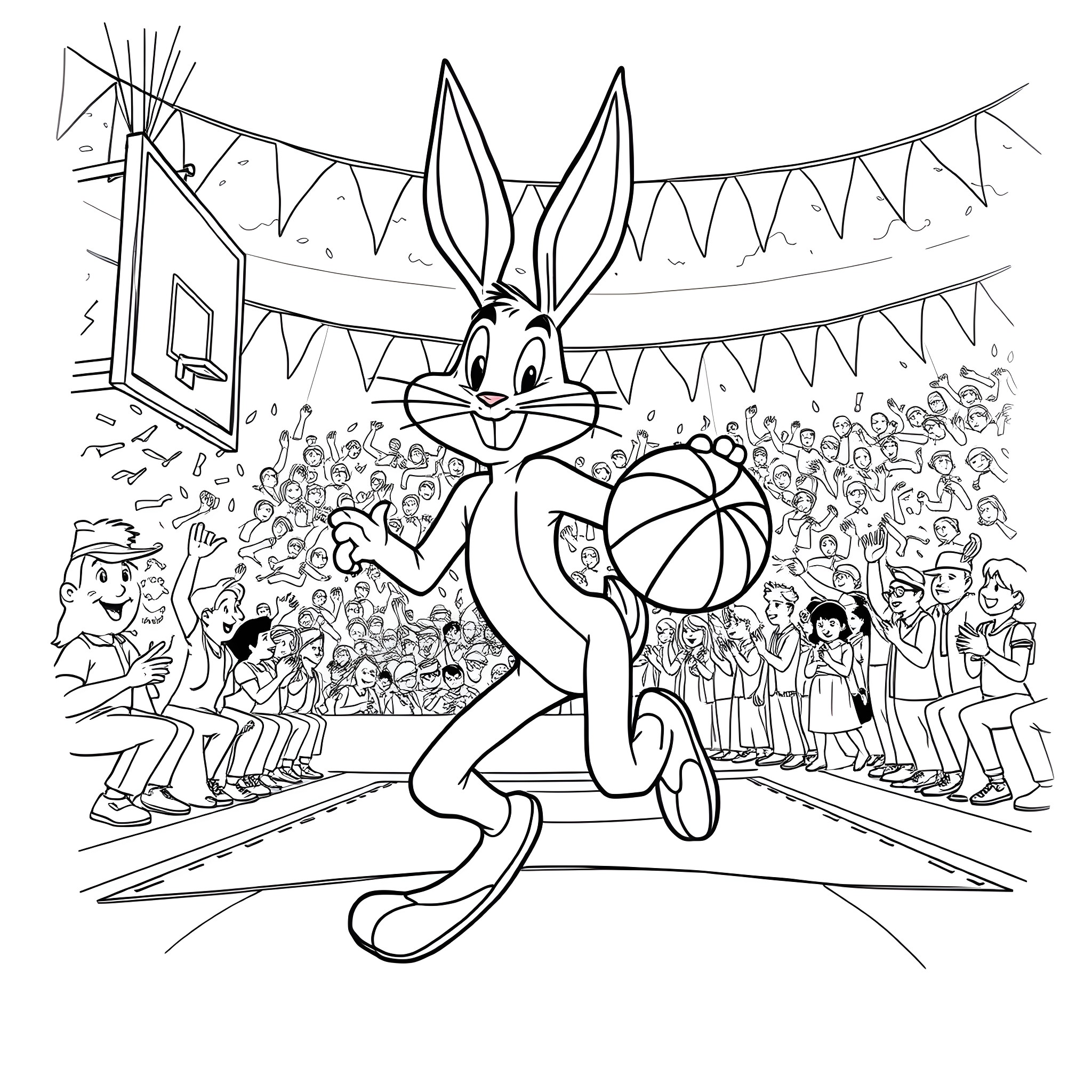 Bucks Bunny playing basketball with an enthusiastic crowd Coloring Page (free black-and-white line drawing printable PDF for all, from beginners to advanced learners, including children, teens, adults, and seniors)