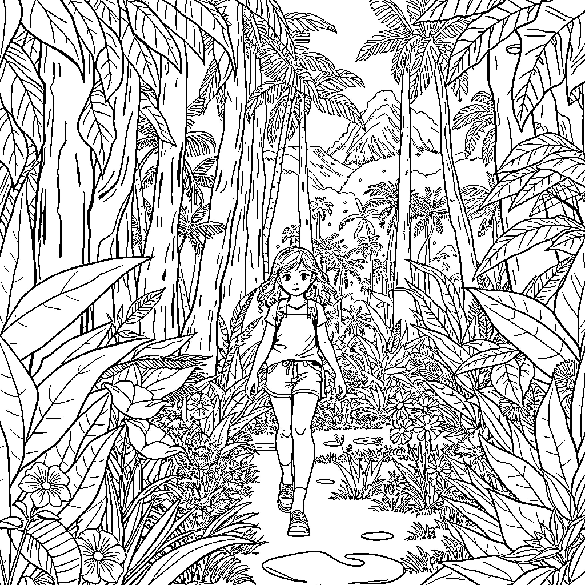 Girl exploring the lush jungle wilderness Coloring Page (free black-and-white line drawing printable PDF for all, from beginners to advanced learners, including children, teens, adults, and seniors)