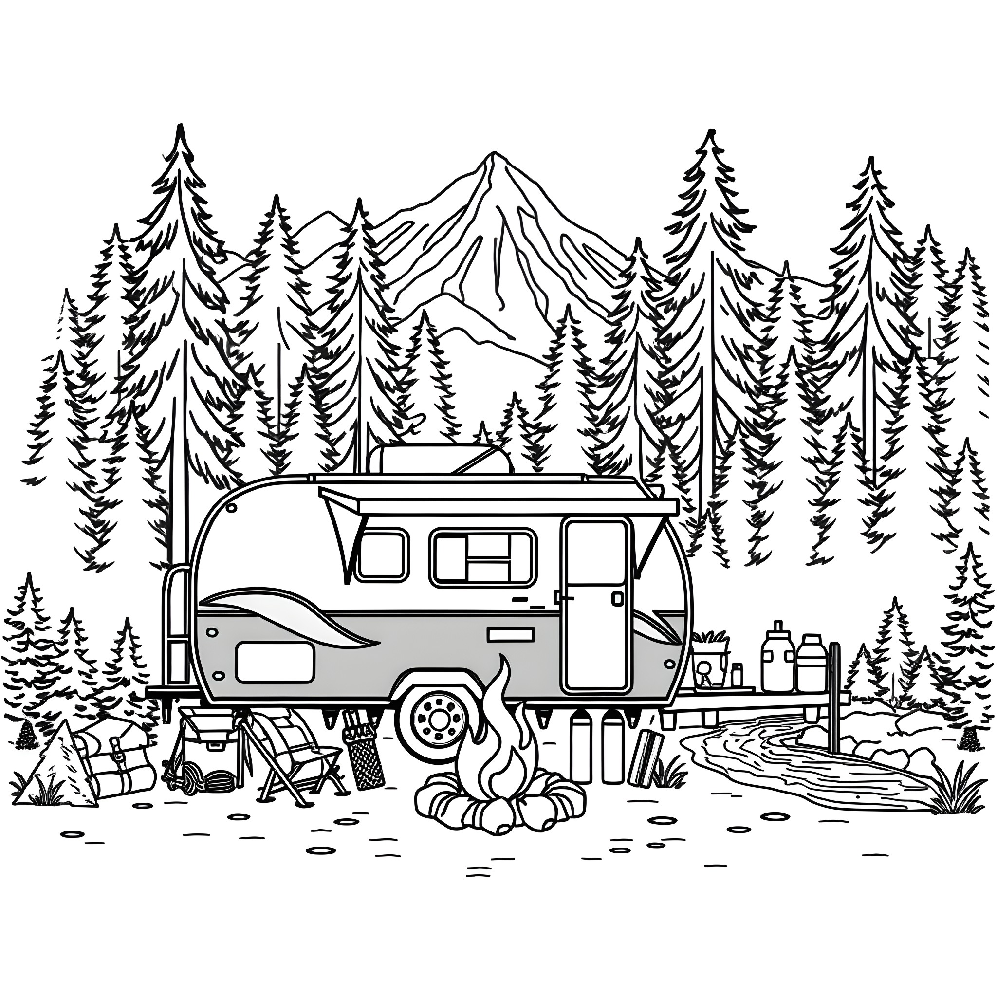 Trailer in the Mountain Forest Campsite Coloring Page (free black-and-white line drawing printable PDF for all, from beginners to advanced learners, including children, teens, adults, and seniors)