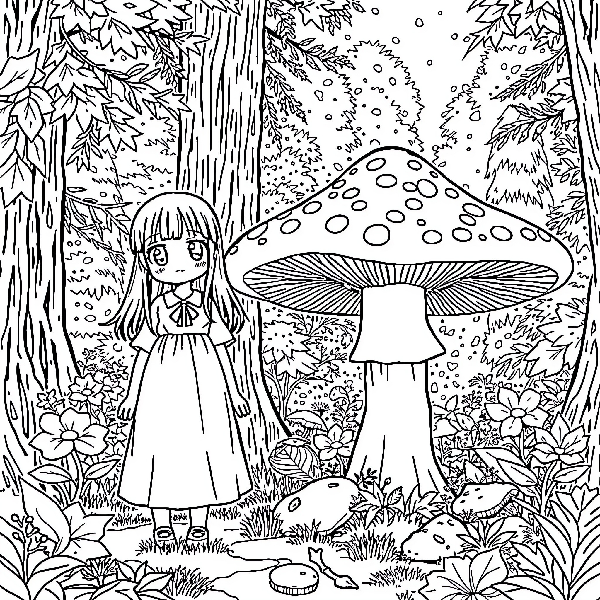 Hinata's Enchanted Forest Adventure Coloring Page (free black-and-white line drawing printable PDF for all, from beginners to advanced learners, including children, teens, adults, and seniors)