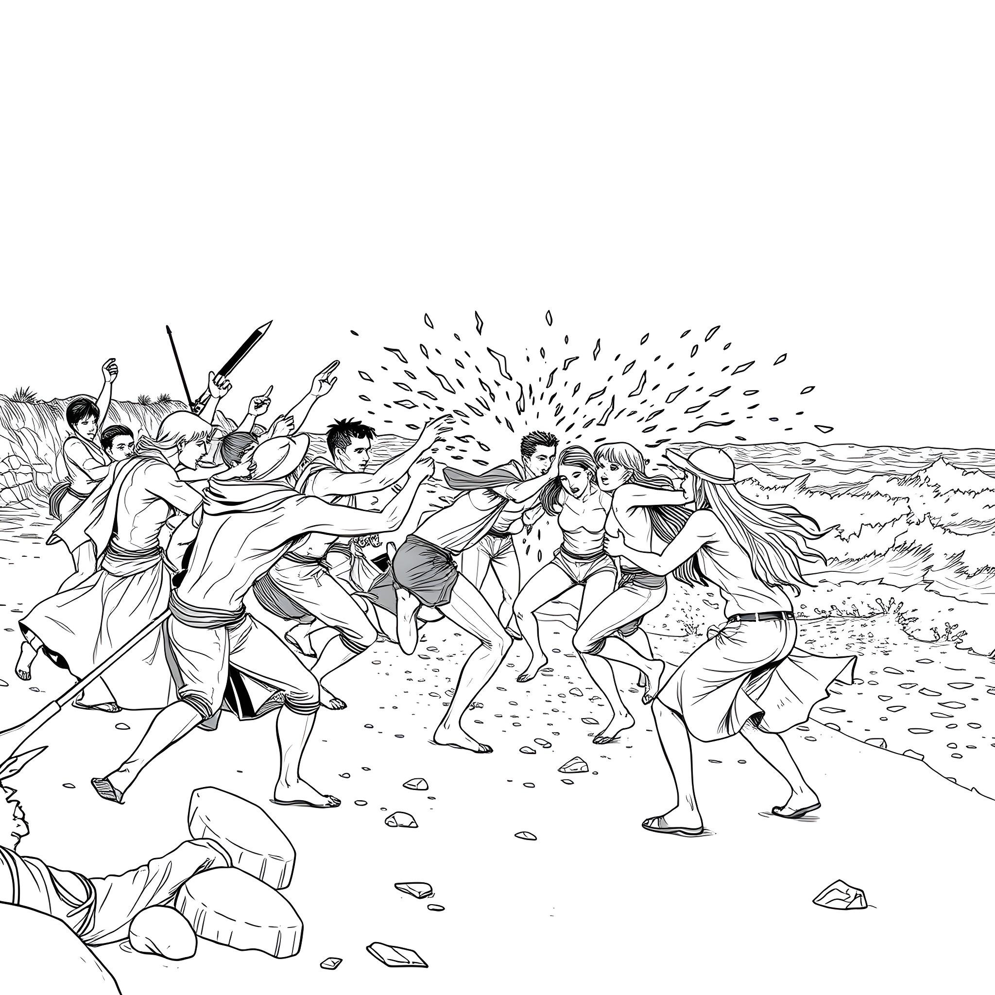 People engaging in a lively beach celebration Coloring Page (free black-and-white line drawing printable PDF for all, from beginners to advanced learners, including children, teens, adults, and seniors)