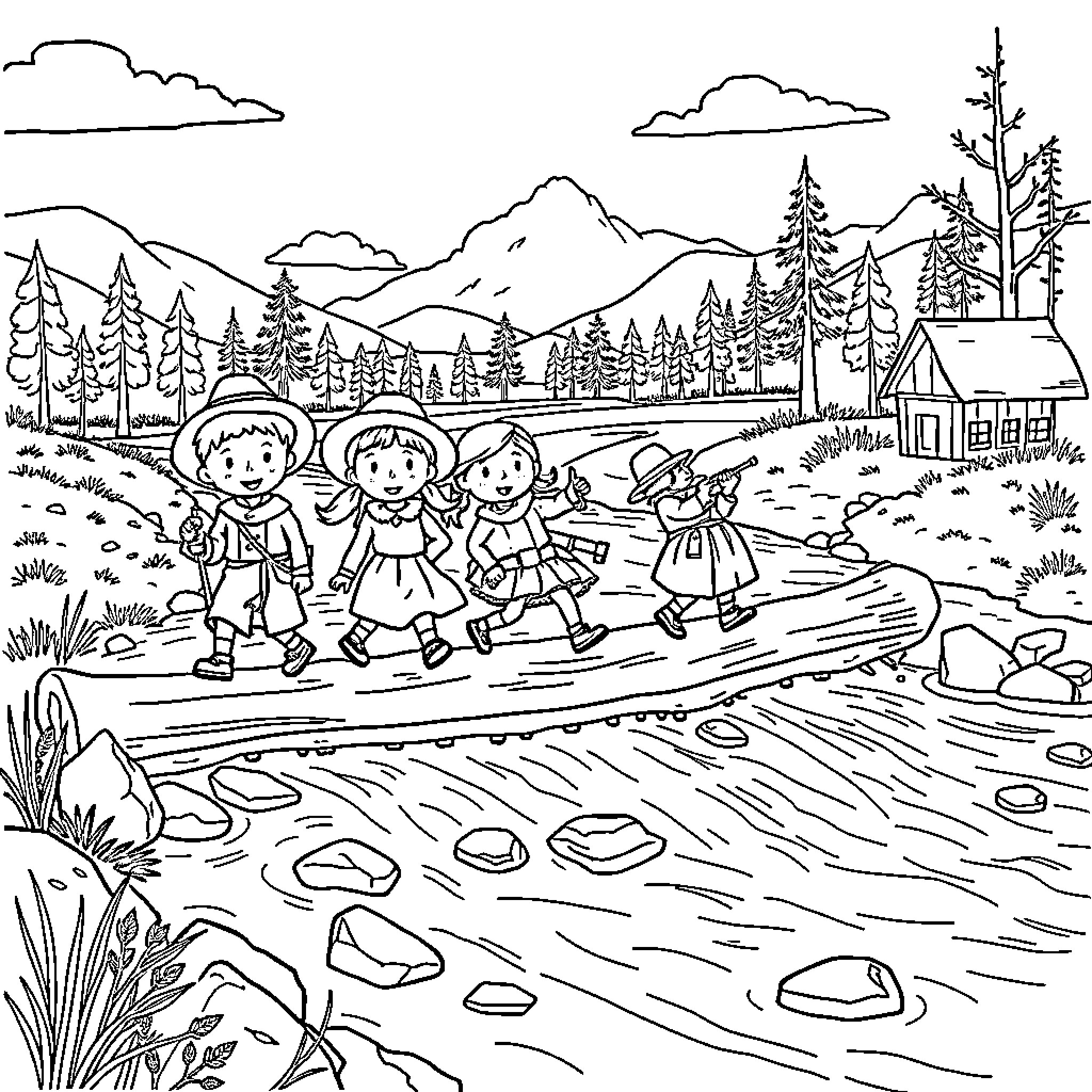 Pioneer Children Exploring the Wilderness Adventure Coloring Page (free black-and-white line drawing printable PDF for all, from beginners to advanced learners, including children, teens, adults, and seniors)