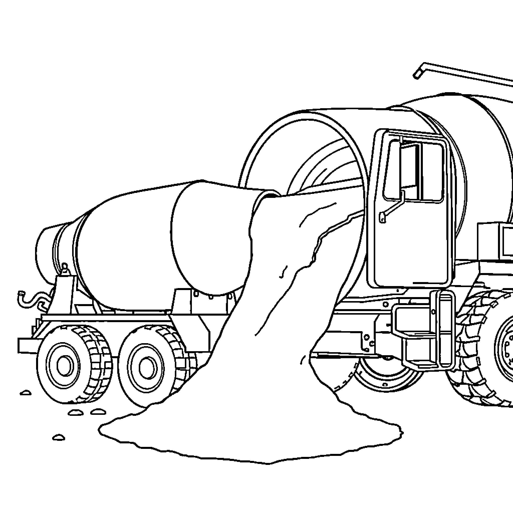 Concrete Mixer Truck Discharging Concrete Coloring Page (free black-and-white line drawing printable PDF for all, from beginners to advanced learners, including children, teens, adults, and seniors)