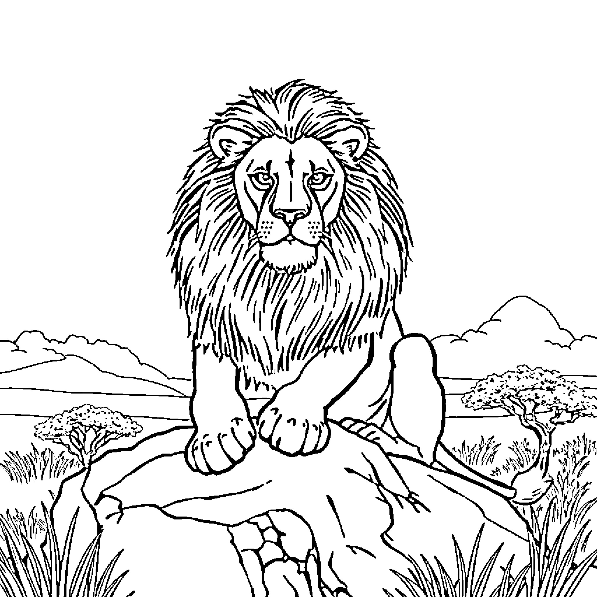 Lion resting peacefully in the savanna landscape Coloring Page (free black-and-white line drawing printable PDF for all, from beginners to advanced learners, including children, teens, adults, and seniors)