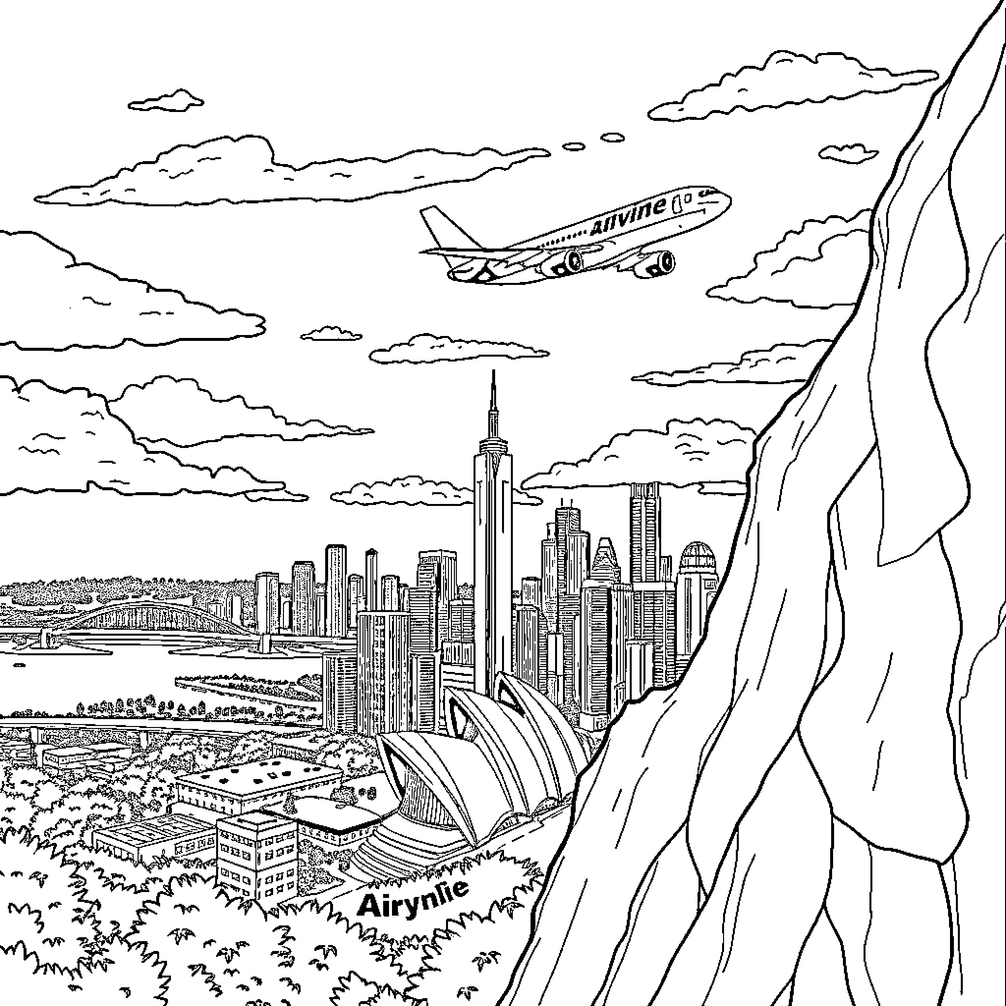 Aeroplane soaring over a bustling city skyline Coloring Page (free black-and-white line drawing printable PDF for all, from beginners to advanced learners, including children, teens, adults, and seniors)