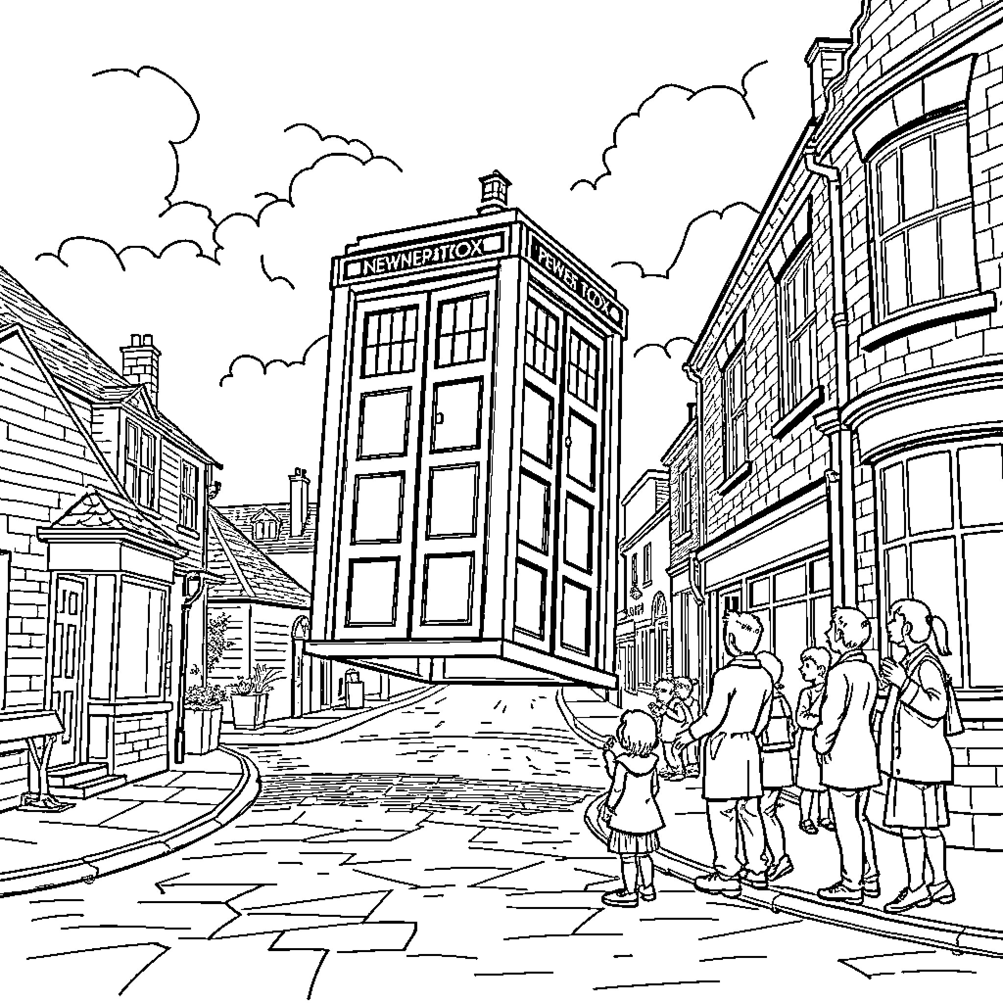 TARDIS in a Quaint Street Scene Coloring Page (free black-and-white line drawing printable PDF for all, from beginners to advanced learners, including children, teens, adults, and seniors)