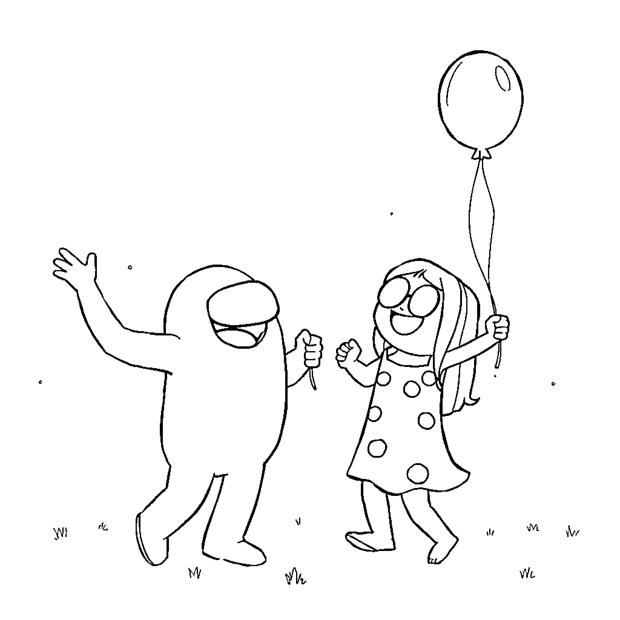 Among Us characters in playful interaction Coloring Page (free black-and-white line drawing printable PDF for all, from beginners to advanced learners, including children, teens, adults, and seniors)