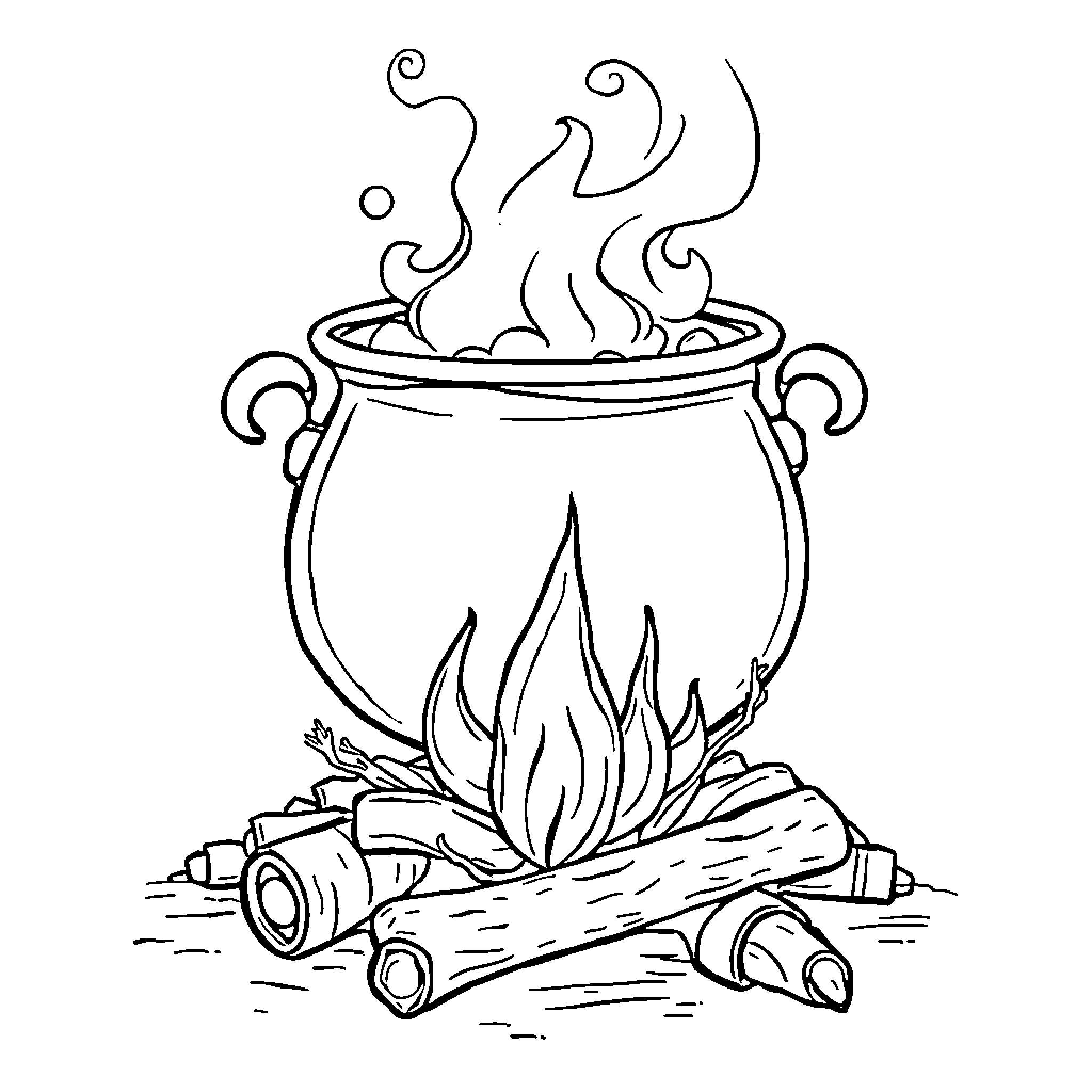 Witch Pot with Boiling Brew over Campfire Coloring Page (free black-and-white line drawing printable PDF for all, from beginners to advanced learners, including children, teens, adults, and seniors)