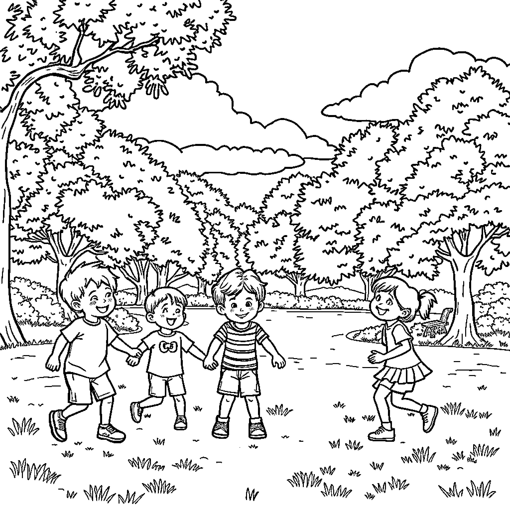 Kid Playing Outdoors in Nature with Friends Coloring Page (free black-and-white line drawing printable PDF for all, from beginners to advanced learners, including children, teens, adults, and seniors)