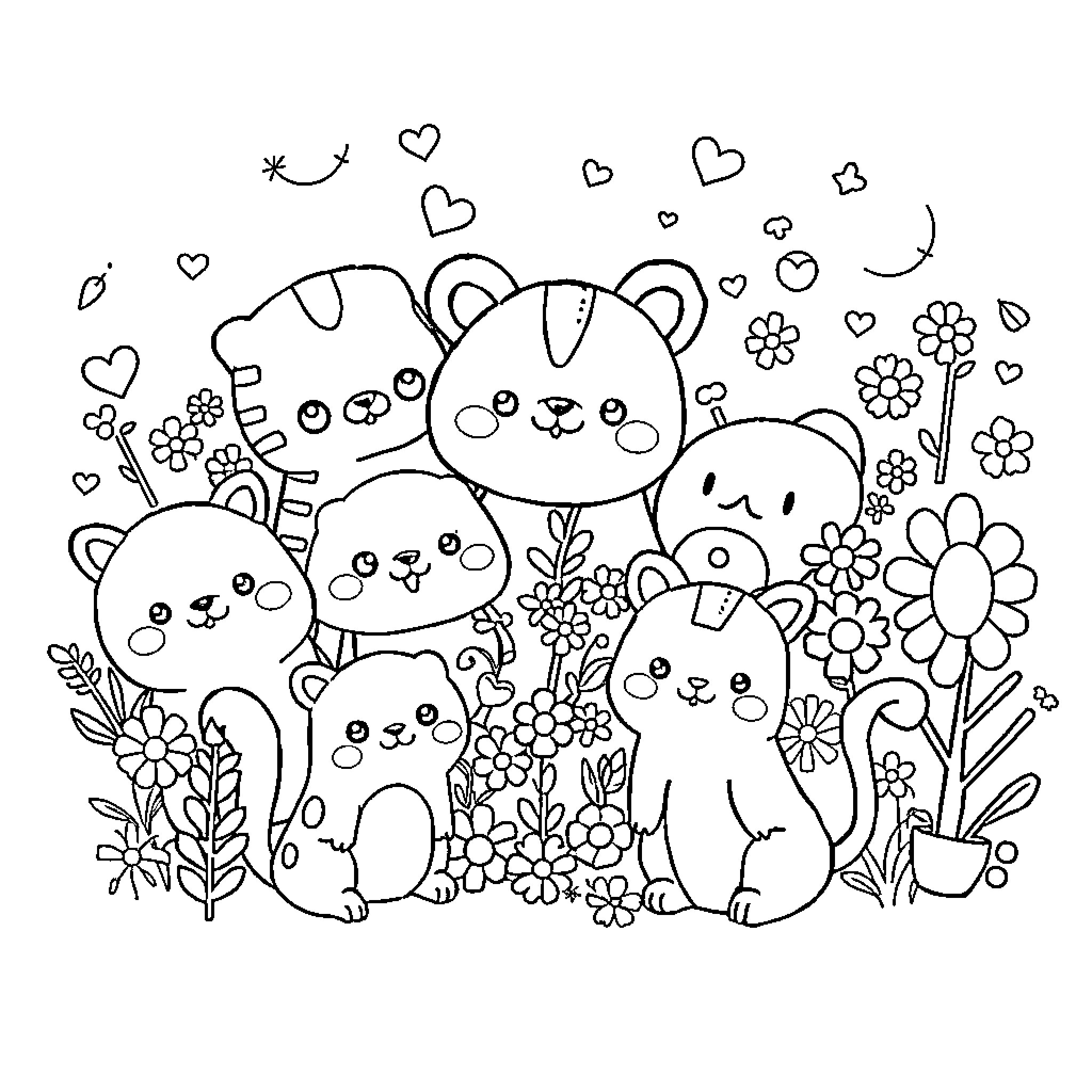 Kawaii Cats and Flowers in Playful Scene Coloring Page (free black-and-white line drawing printable PDF for all, from beginners to advanced learners, including children, teens, adults, and seniors)