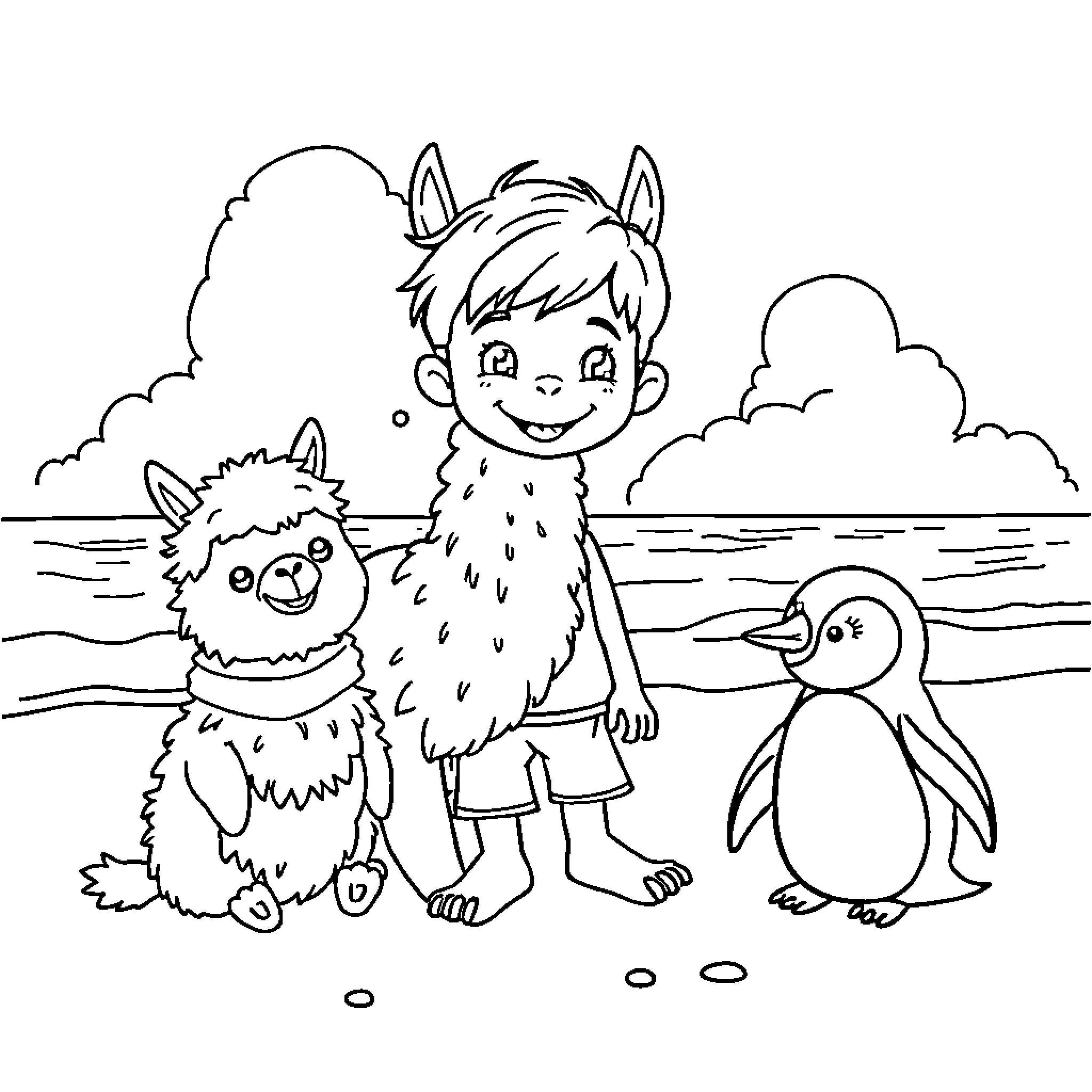Boy plays with furry animals near the beach Coloring Page (free black-and-white line drawing printable PDF for all, from beginners to advanced learners, including children, teens, adults, and seniors)