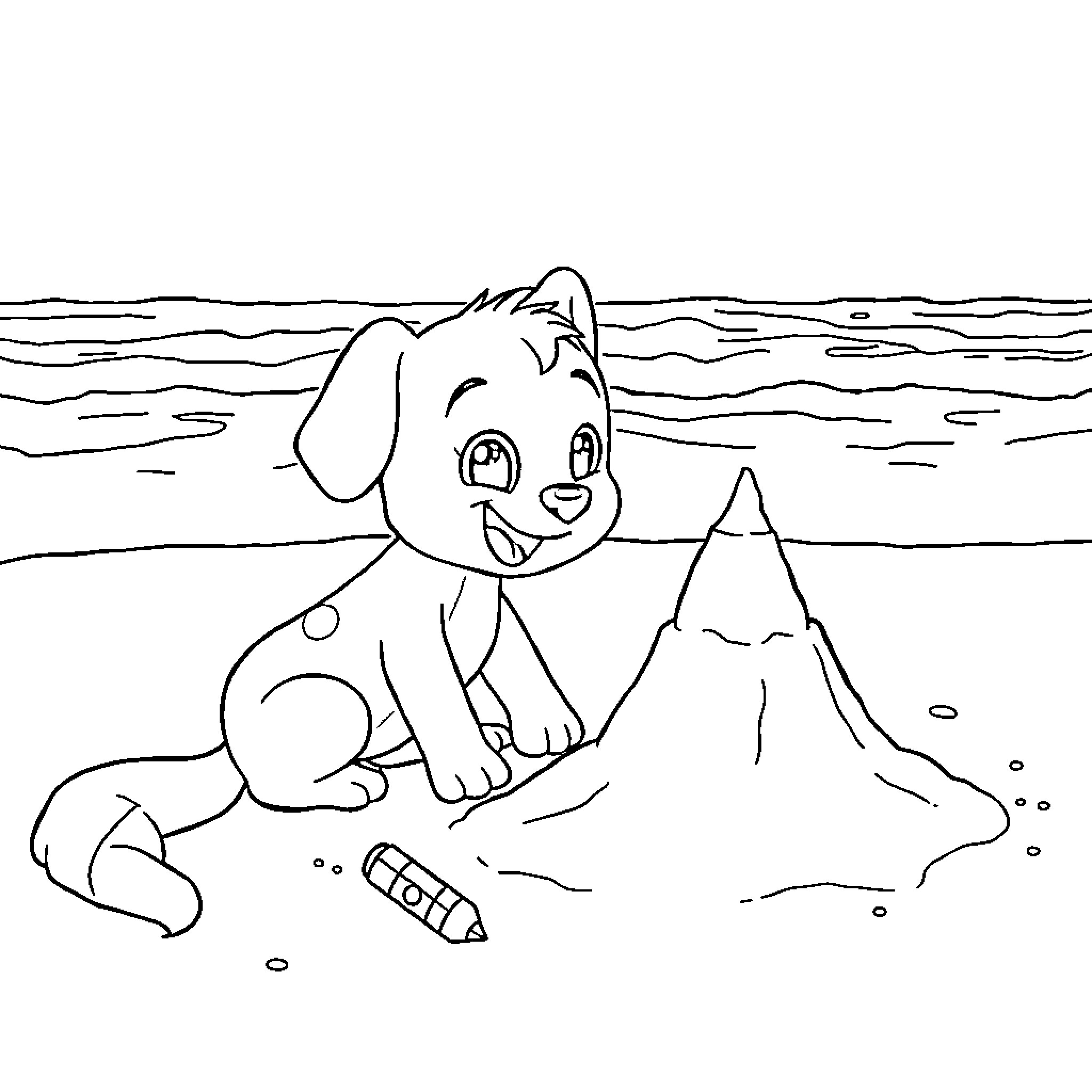 Bluey playing on the beach with a mountain Coloring Page (free black-and-white line drawing printable PDF for all, from beginners to advanced learners, including children, teens, adults, and seniors)