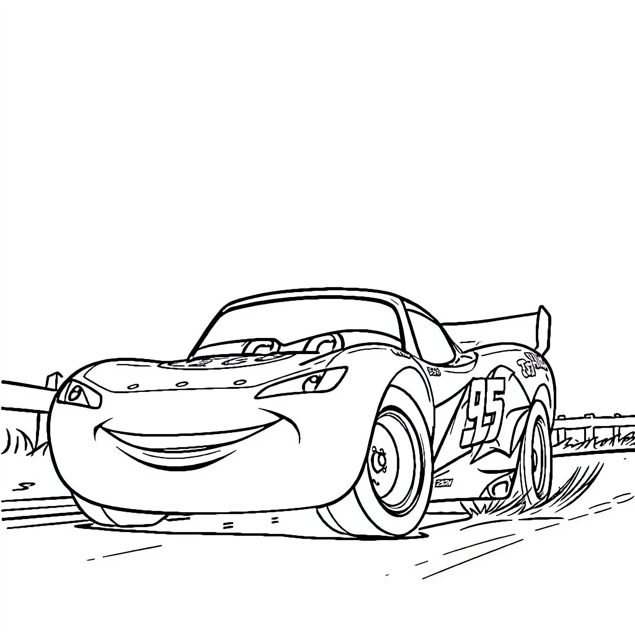 Flash McQueen Racing Eagerly on the Track Coloring Page (free black-and-white line drawing printable PDF for all, from beginners to advanced learners, including children, teens, adults, and seniors)