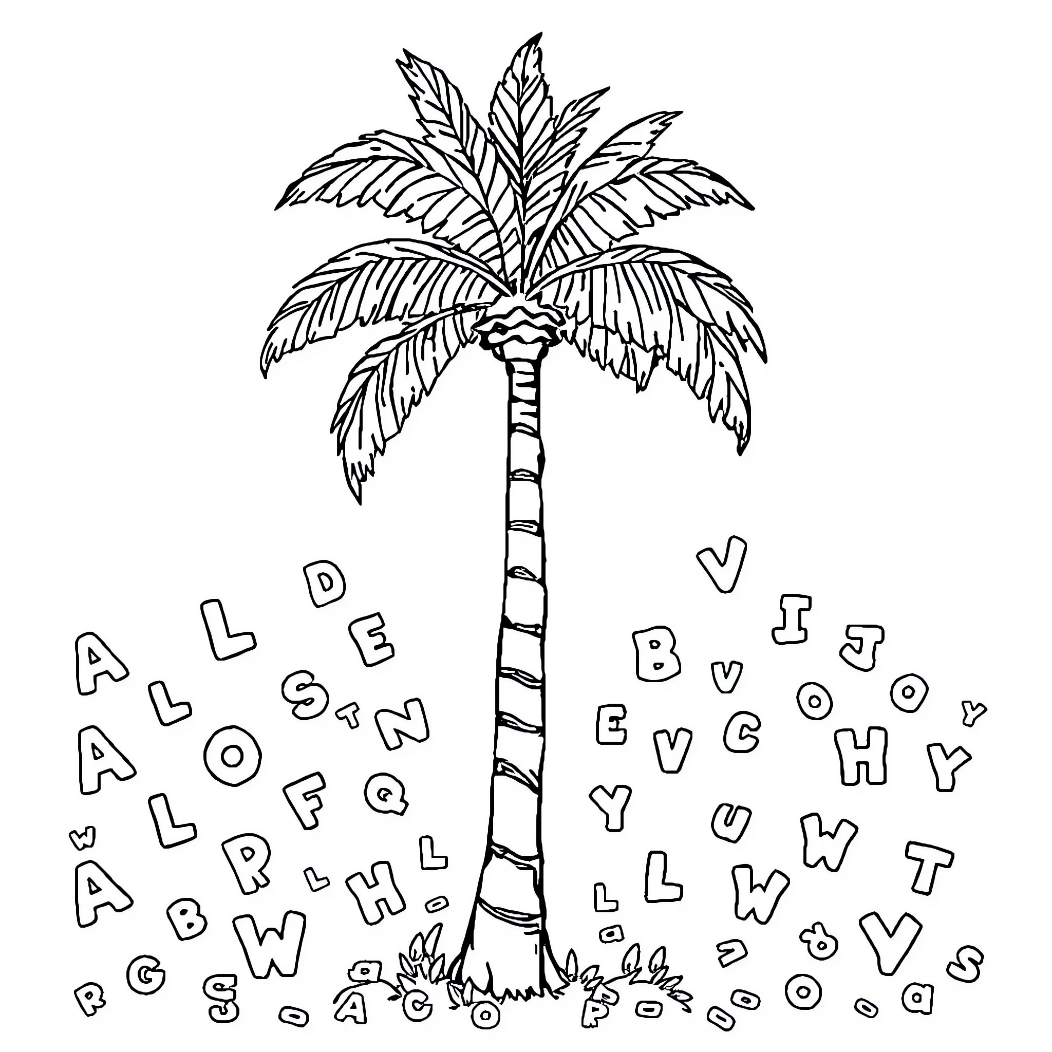 Palm Tree with Playful Typography Coloring Page (free black-and-white line drawing printable PDF for all, from beginners to advanced learners, including children, teens, adults, and seniors)