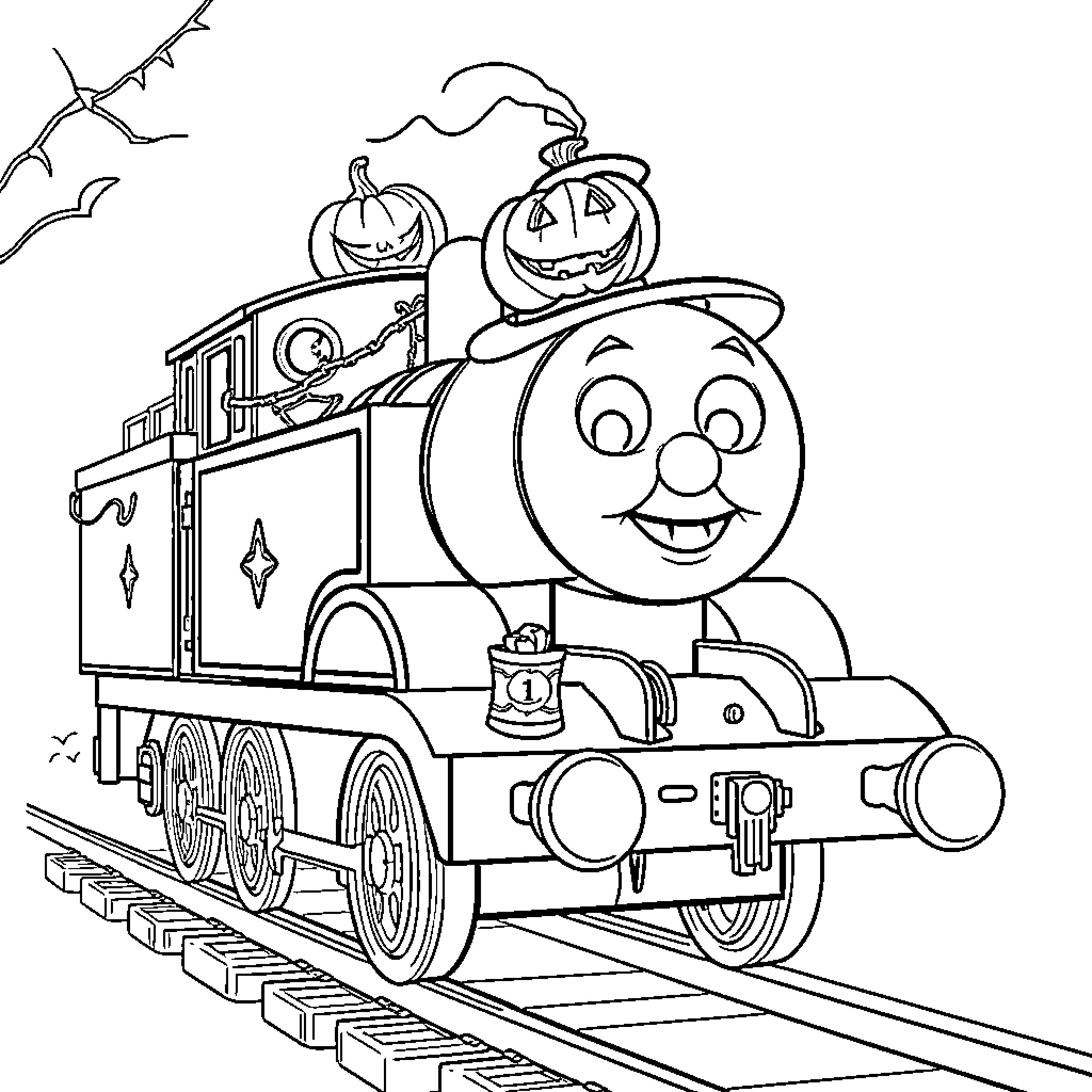 Thomas the Train Goes for a Spooky Halloween Ride Coloring Page (free black-and-white line drawing printable PDF for all, from beginners to advanced learners, including children, teens, adults, and seniors)