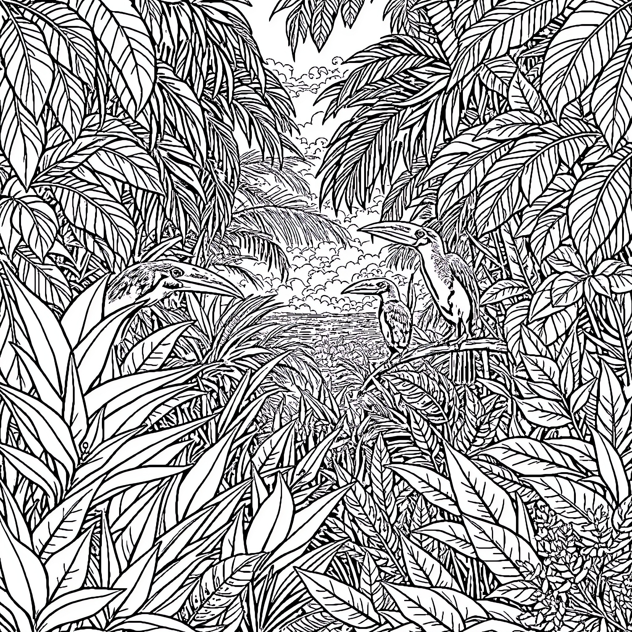 Jungle scene with lush foliage and exotic creatures Coloring Page (free black-and-white line drawing printable PDF for all, from beginners to advanced learners, including children, teens, adults, and seniors)