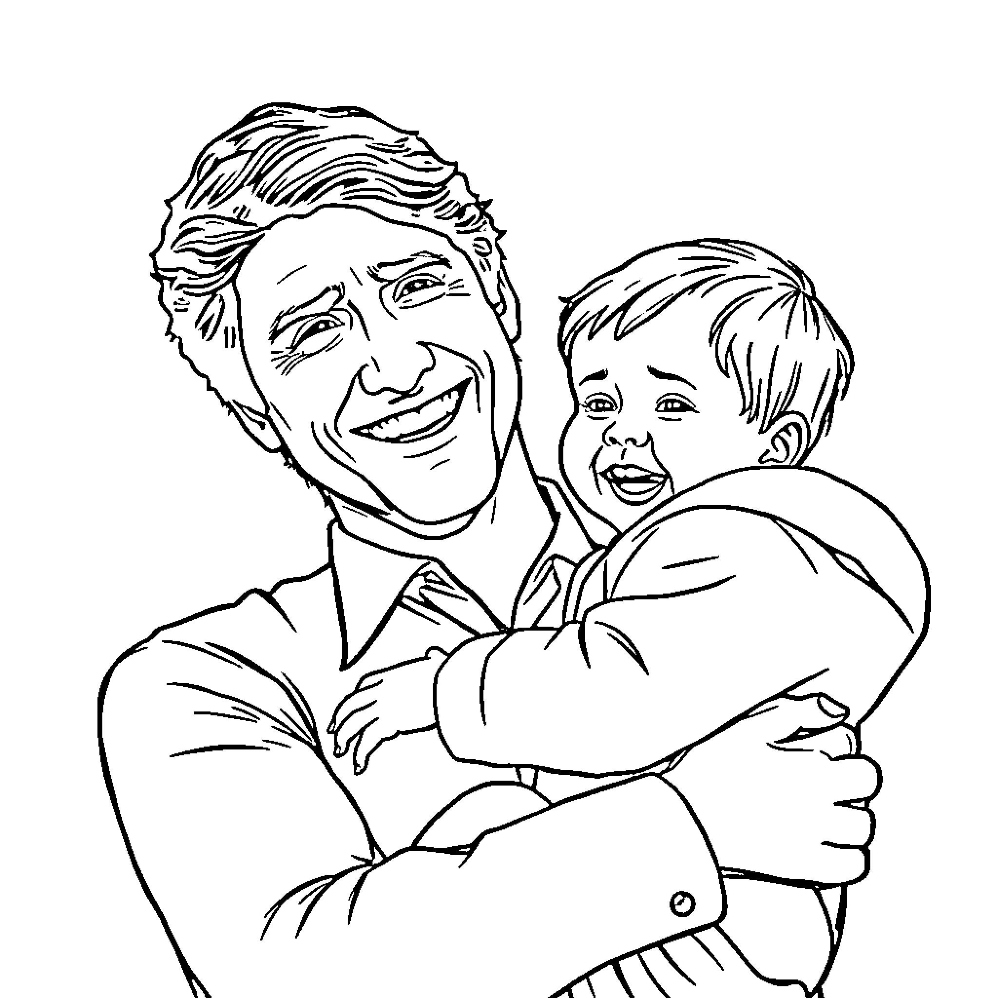 Justin Trudeau Embracing a Young Child Coloring Page (free black-and-white line drawing printable PDF for all, from beginners to advanced learners, including children, teens, adults, and seniors)