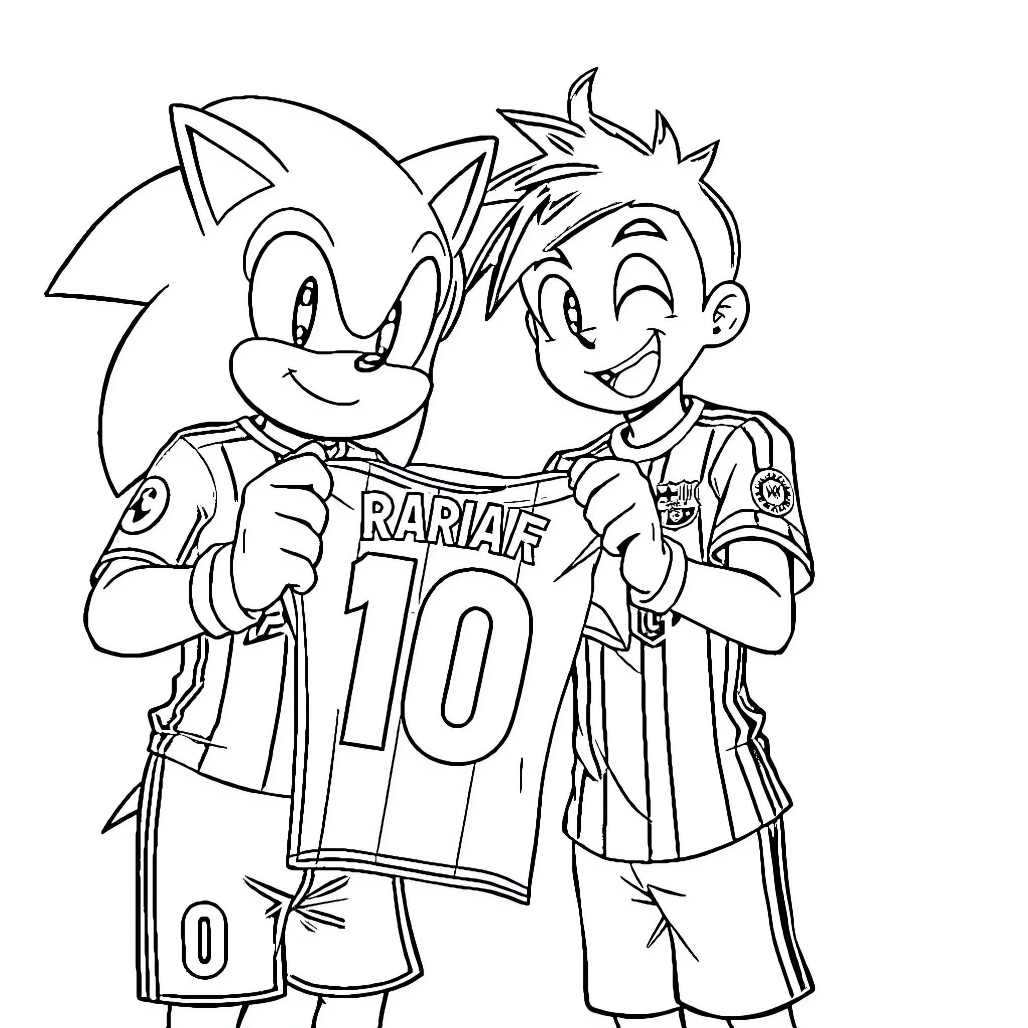 Sonic characters in sports uniforms playing together Coloring Page (free black-and-white line drawing printable PDF for all, from beginners to advanced learners, including children, teens, adults, and seniors)