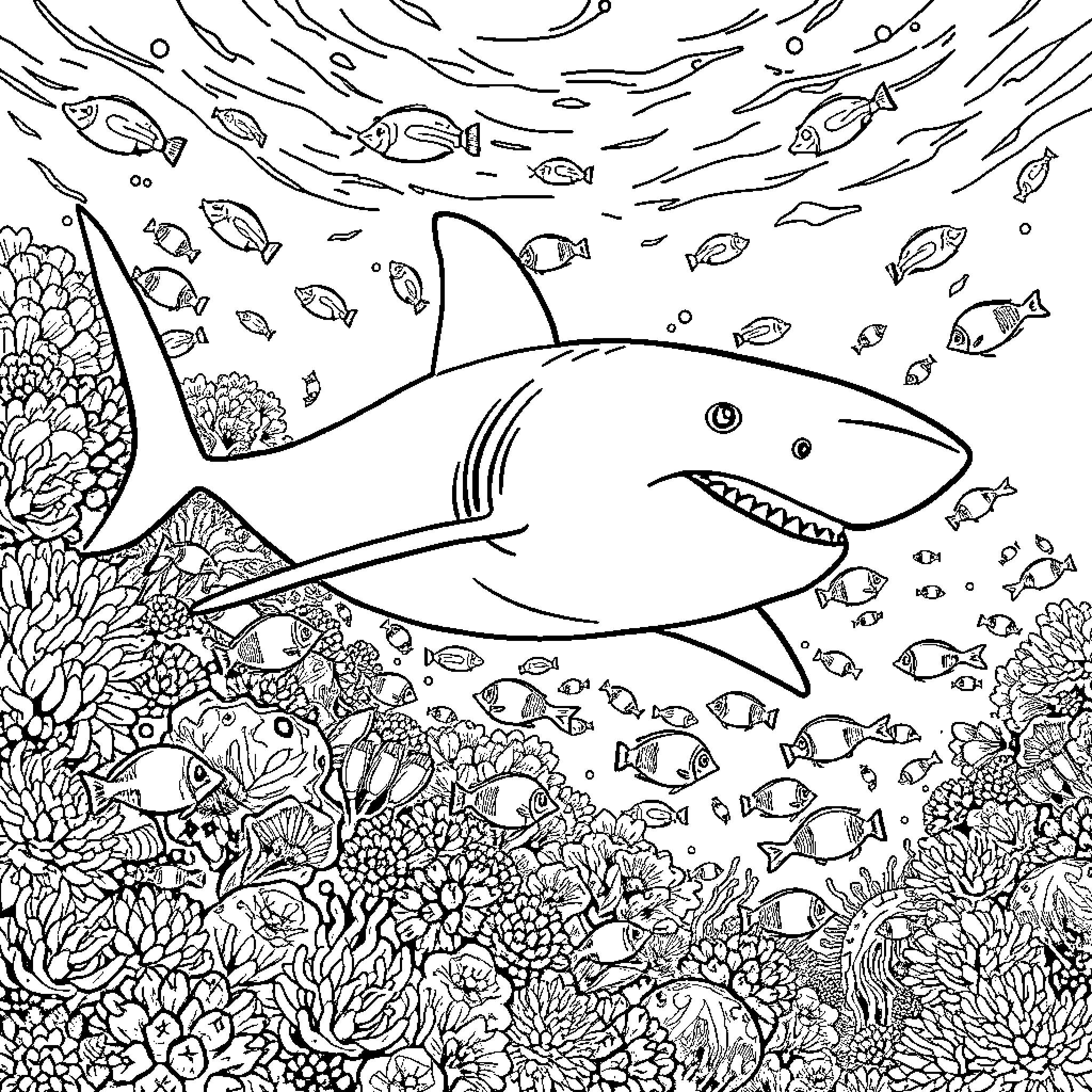 Shark swimming amidst vibrant marine life Coloring Page (free black-and-white line drawing printable PDF for all, from beginners to advanced learners, including children, teens, adults, and seniors)