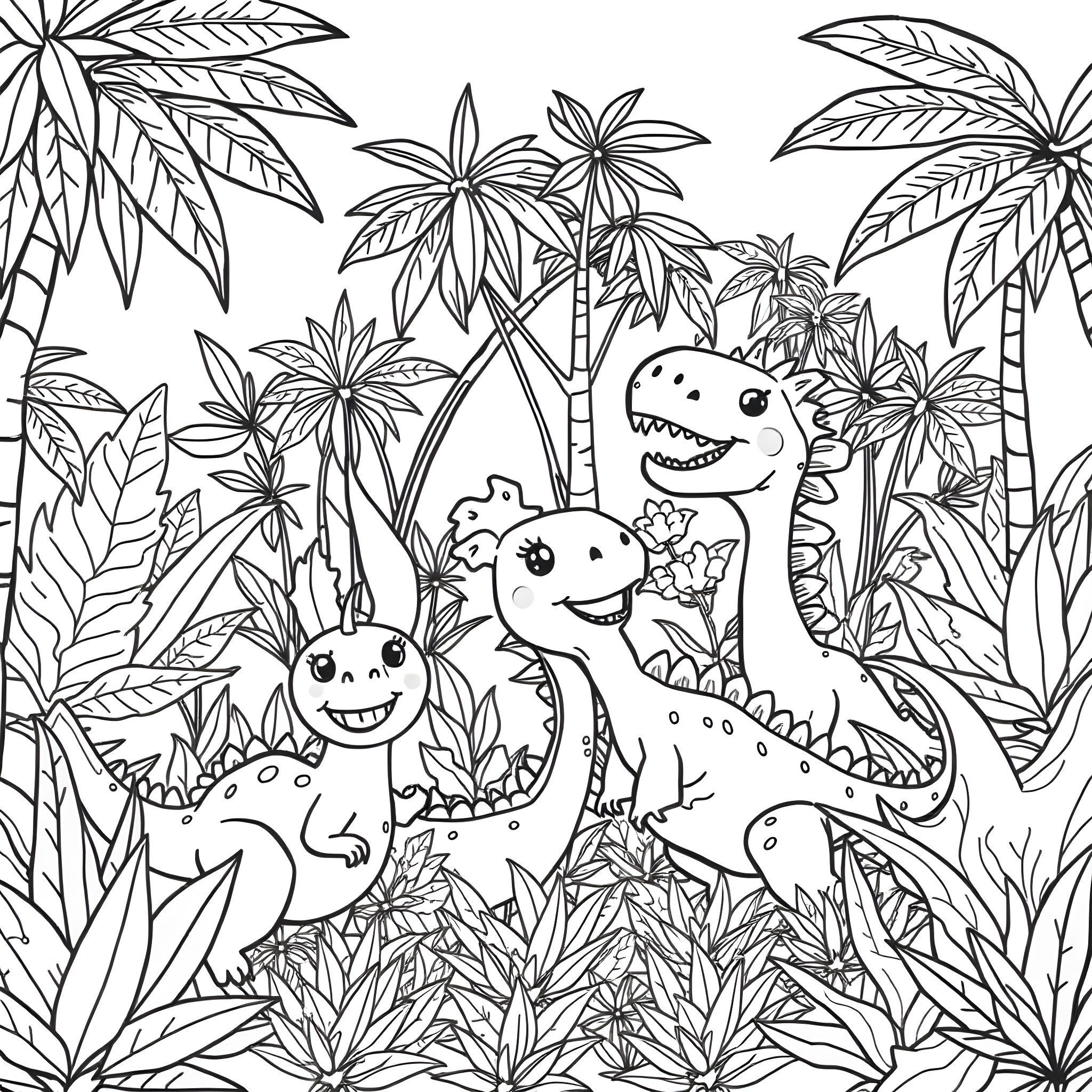 Dinosaurs playing in a lush jungle Coloring Page (free black-and-white line drawing printable PDF for all, from beginners to advanced learners, including children, teens, adults, and seniors)
