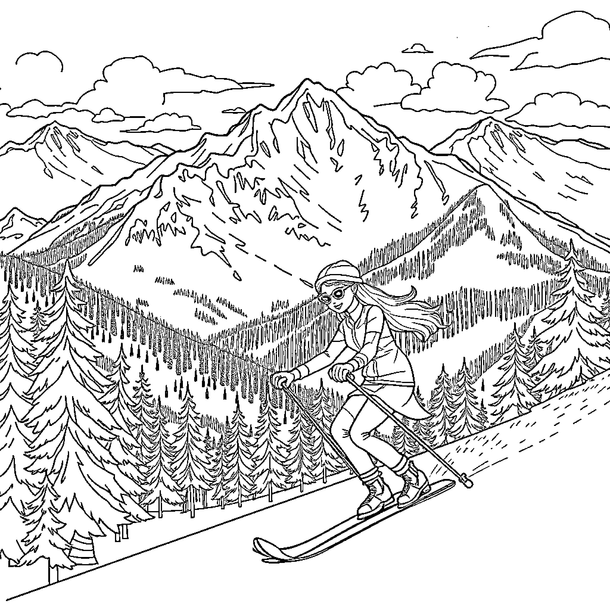 Barbie Ski Adventure in the Mountains Coloring Page (free black-and-white line drawing printable PDF for all, from beginners to advanced learners, including children, teens, adults, and seniors)
