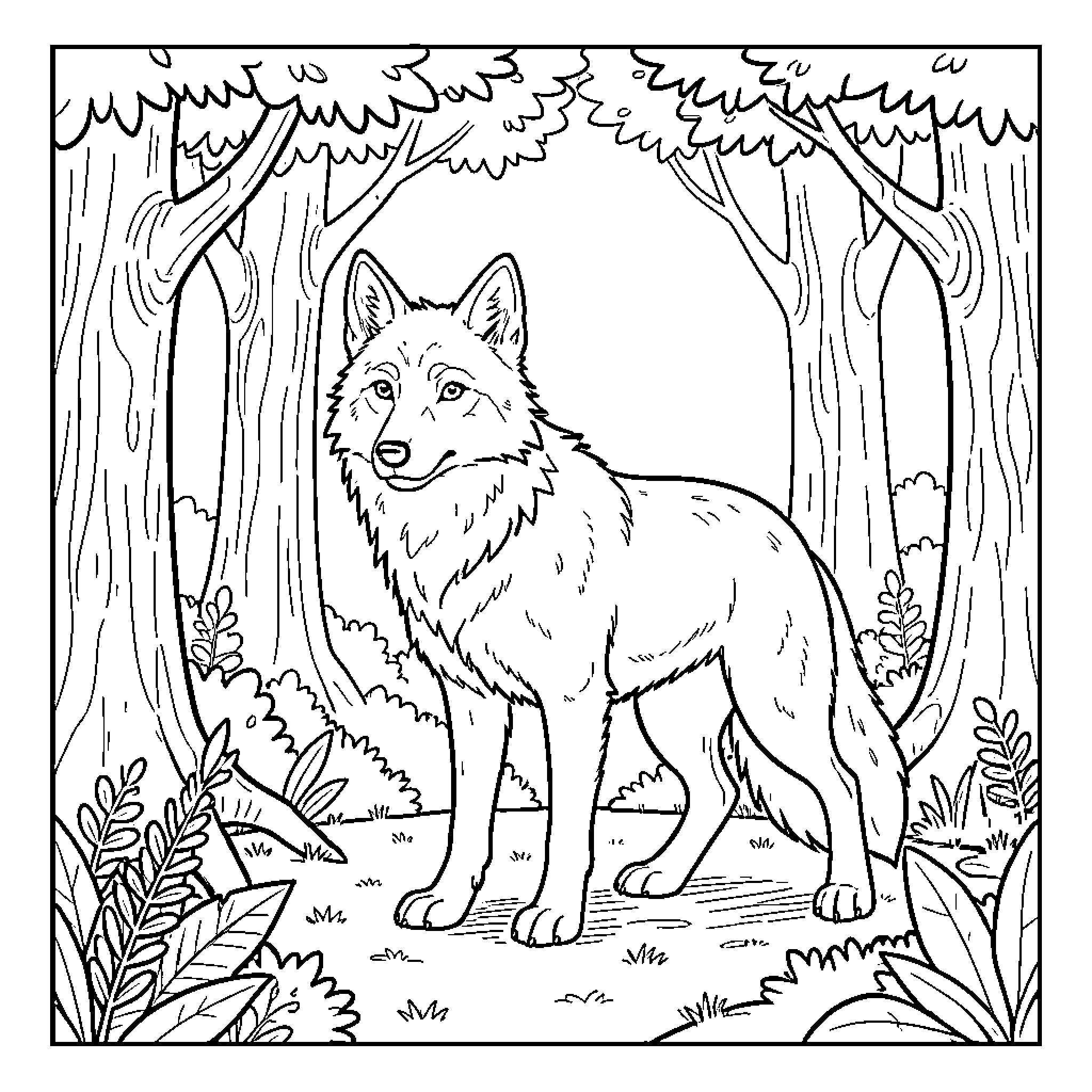Loup in the Enchanted Forest Coloring Page (free black-and-white line drawing printable PDF for all, from beginners to advanced learners, including children, teens, adults, and seniors)