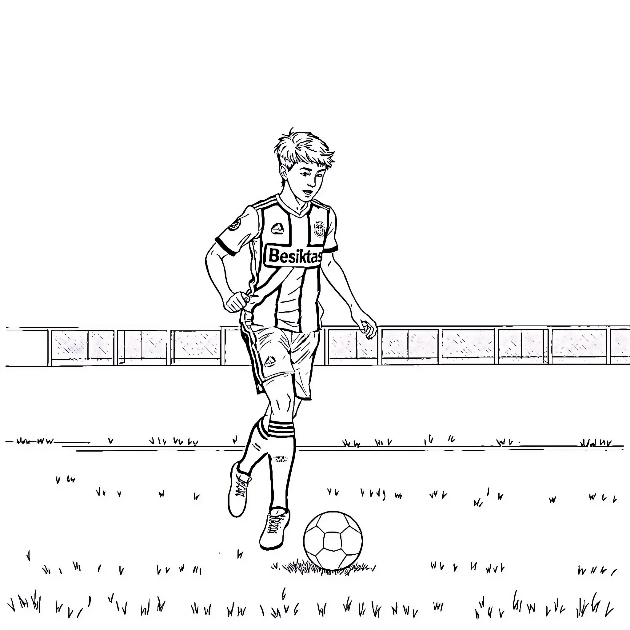 Soccer Player Dribbling the Ball on the Field Coloring Page (free black-and-white line drawing printable PDF for all, from beginners to advanced learners, including children, teens, adults, and seniors)