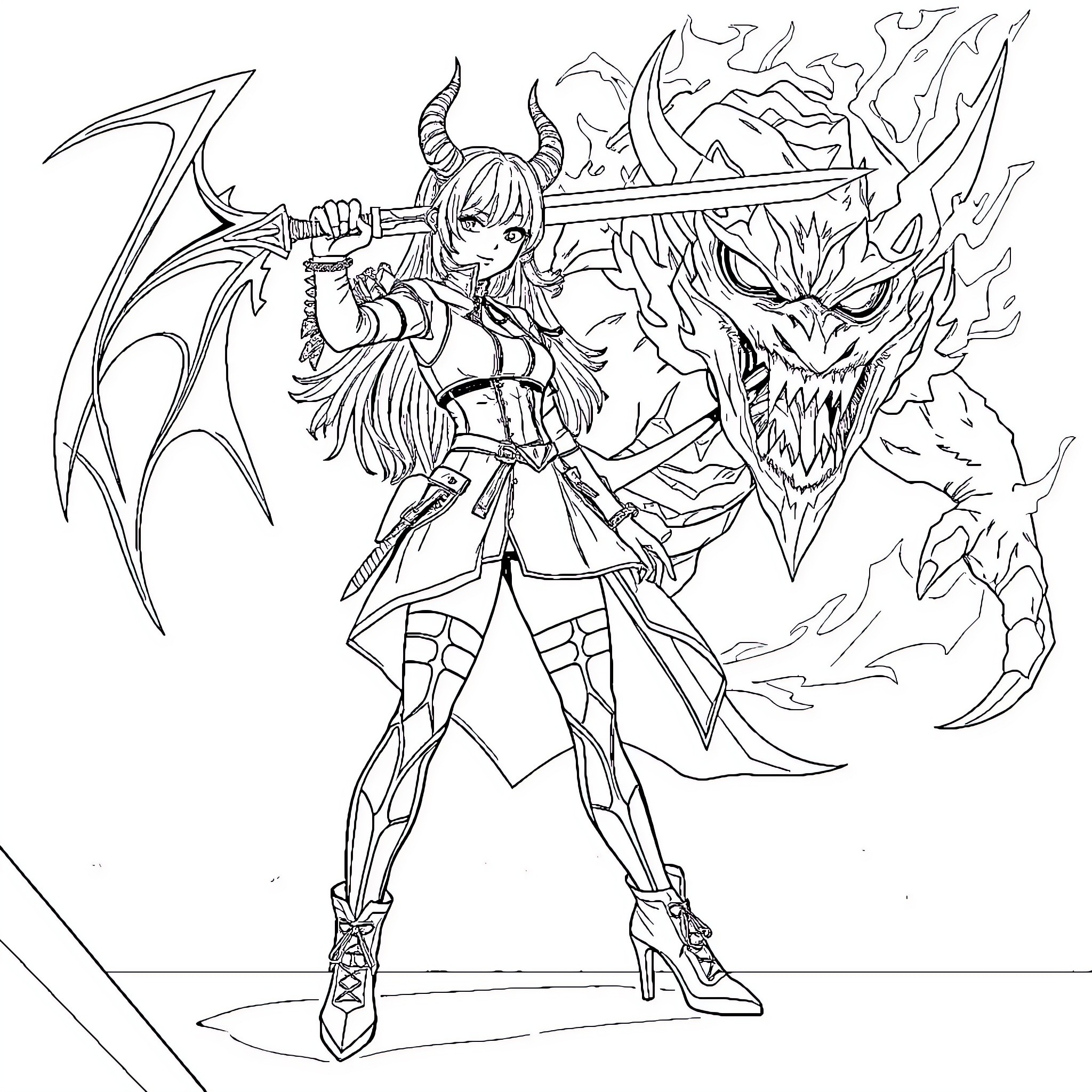 Demon Hunter wielding powerful weapon against fierce monster Coloring Page (free black-and-white line drawing printable PDF for all, from beginners to advanced learners, including children, teens, adults, and seniors)